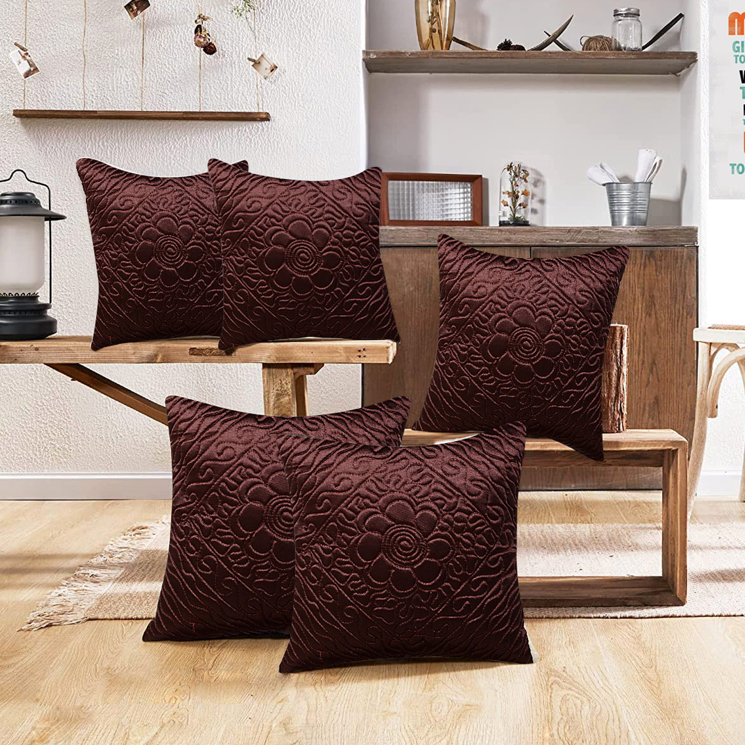 Kuber Industries Embossed Flower Print Cushion Cover|Ractangle Cushion Covers|Sofa Cushion Covers|Cushion Covers 16 inch x 16 inch|Cushion Cover Set of 5 (Brown)