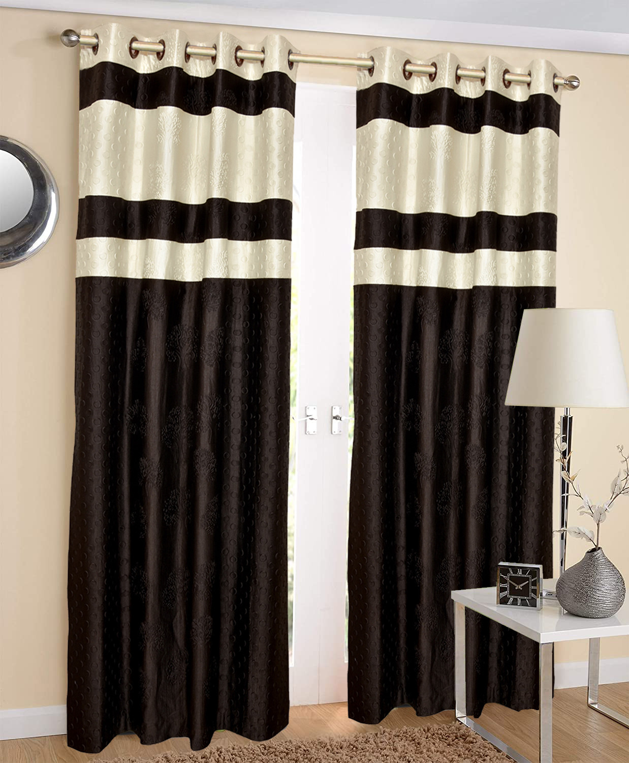 Kuber Industries Embossed Print Silk Room Darkening Blackout Door Curtain, 7 Feet (Brown & Cream)