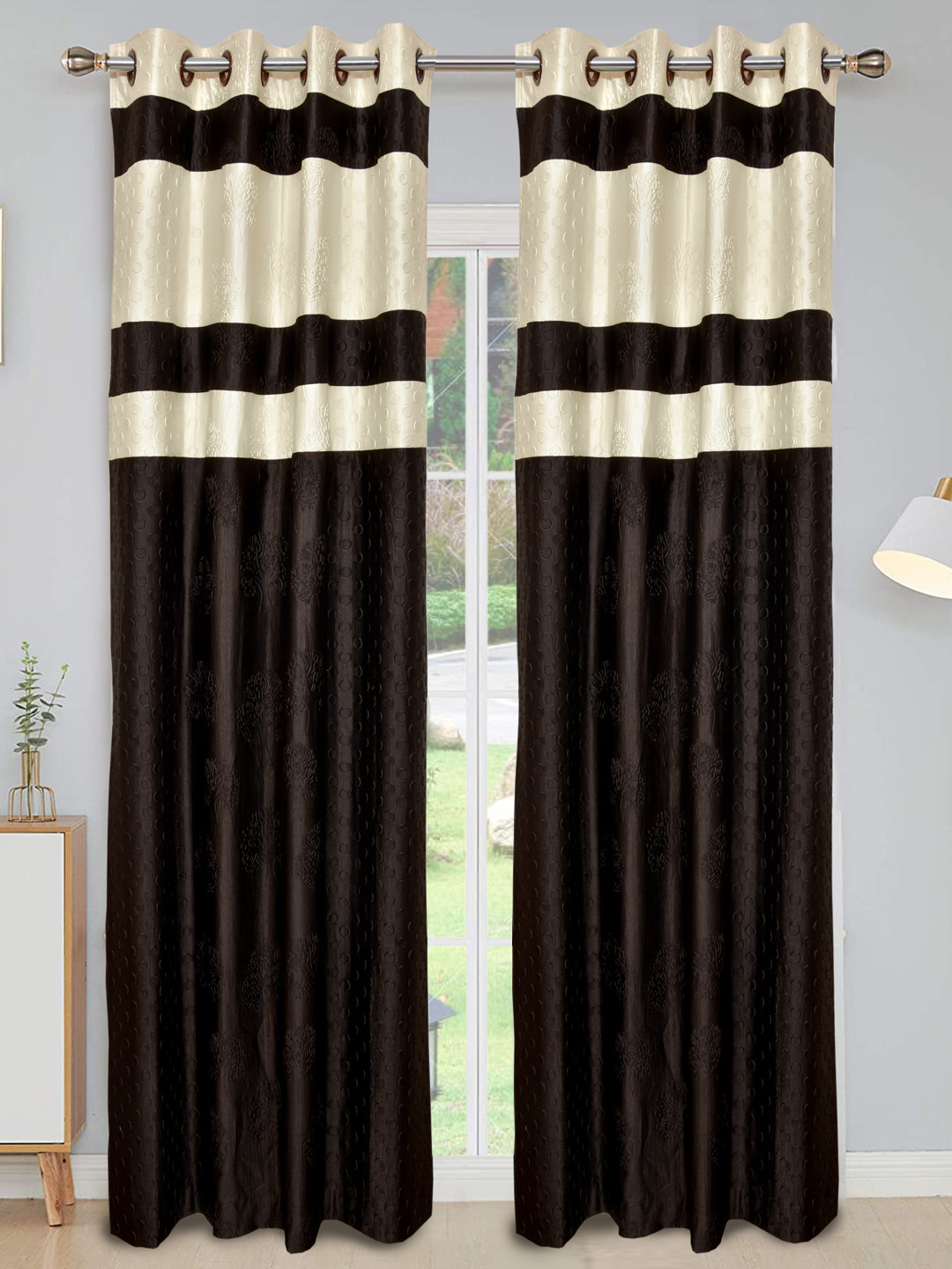 Kuber Industries Embossed Print Silk Room Darkening Blackout Door Curtain, 7 Feet (Brown & Cream)