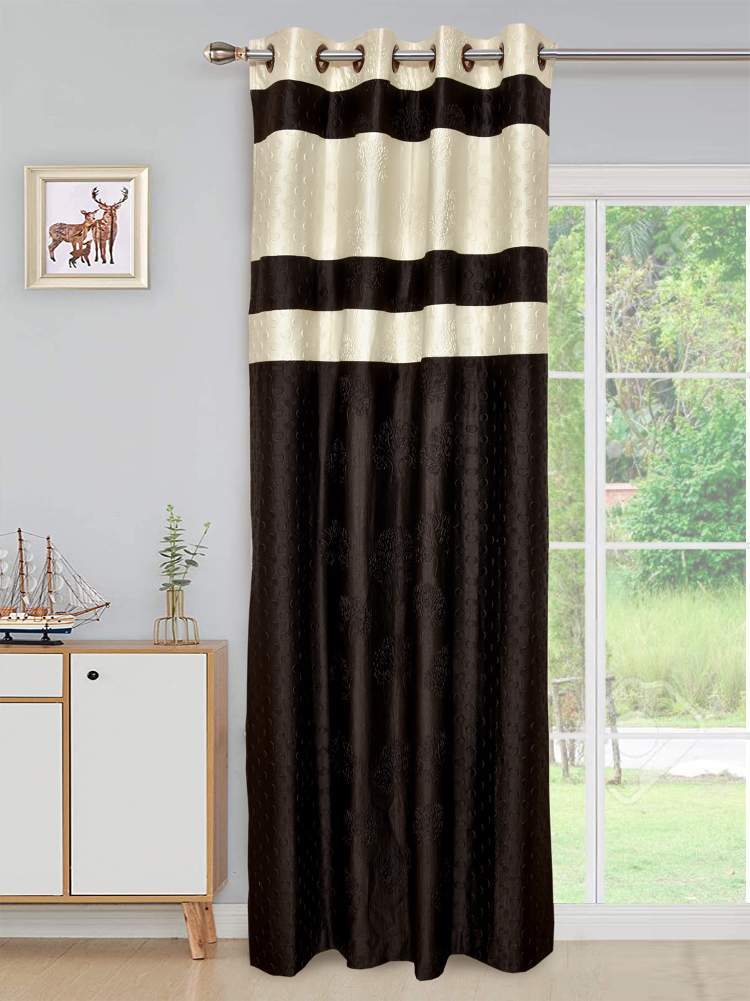 Kuber Industries Embossed Print Silk Room Darkening Blackout Door Curtain, 7 Feet (Brown & Cream)