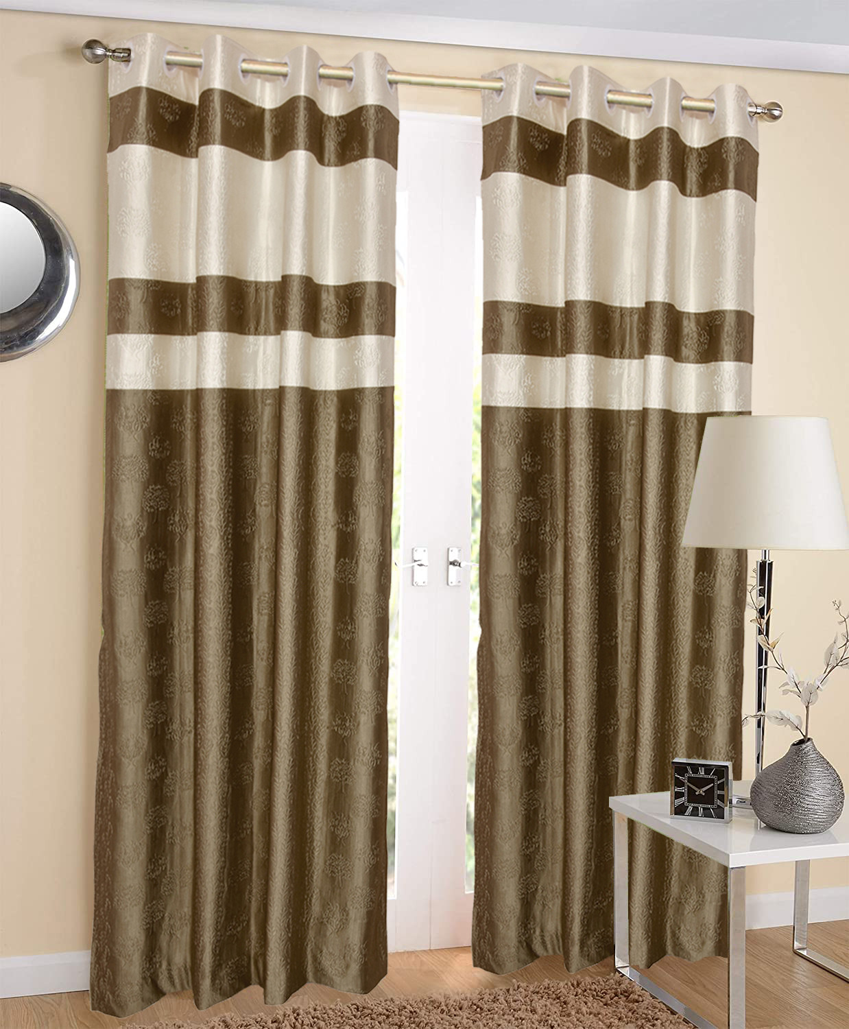 Kuber Industries Embossed Print Silk Room Darkening Blackout Door Curtain, 7 Feet (Gold & Cream)