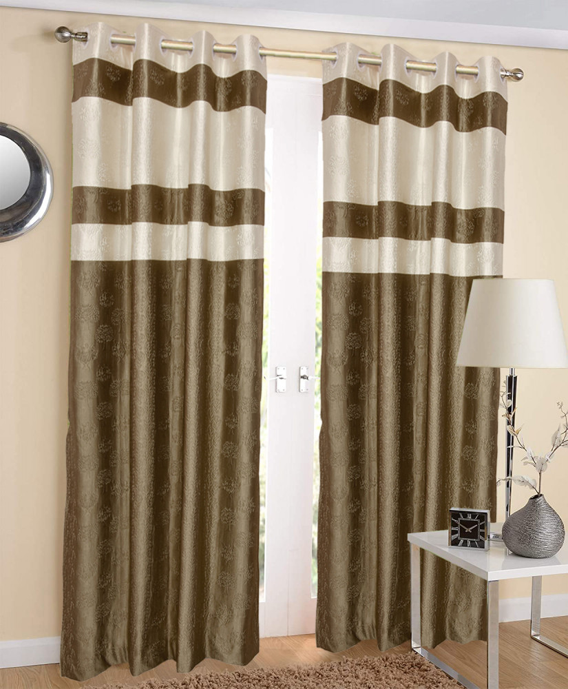 Kuber Industries Embossed Print Silk Room Darkening Blackout Door Curtain, 7 Feet (Gold &amp; Cream)