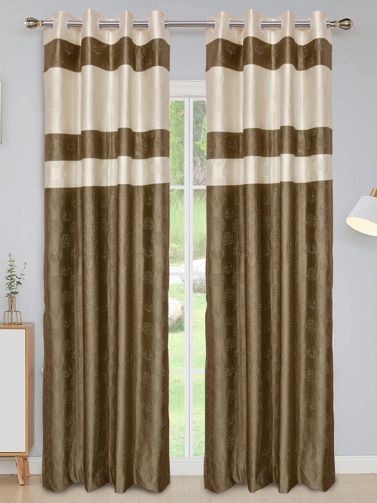 Kuber Industries Embossed Print Silk Room Darkening Blackout Door Curtain, 7 Feet (Gold & Cream)