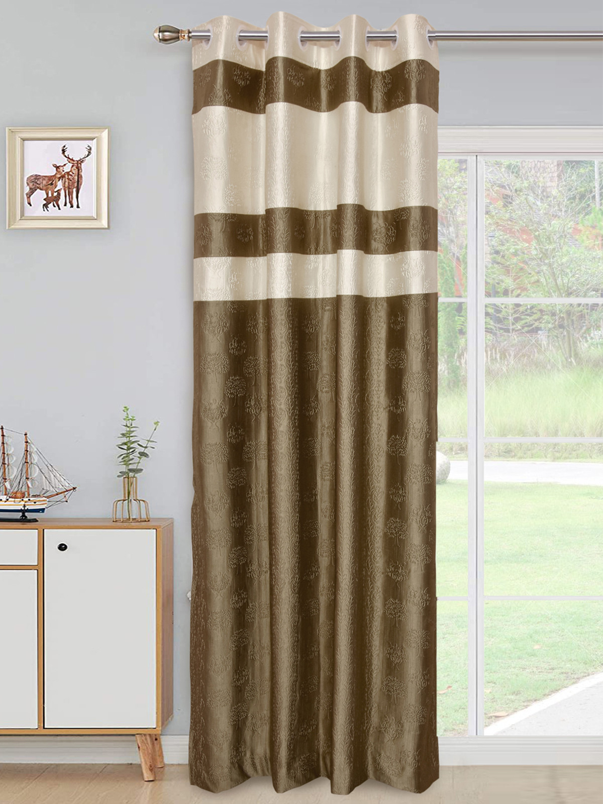 Kuber Industries Embossed Print Silk Room Darkening Blackout Door Curtain, 7 Feet (Gold & Cream)