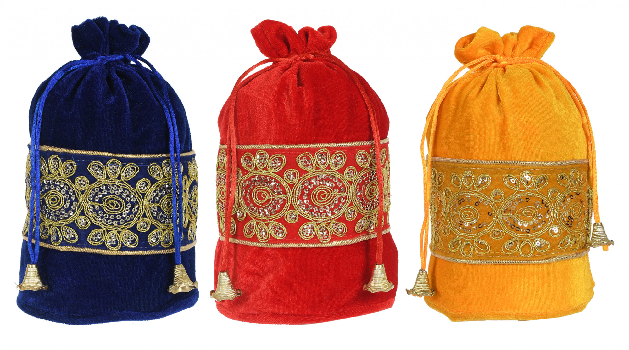 Kuber Industries Embroidered Design Drawstring Potli Bag Party Wedding Favor Gift Jewelry Bags-(Blue & Red & Yellow)