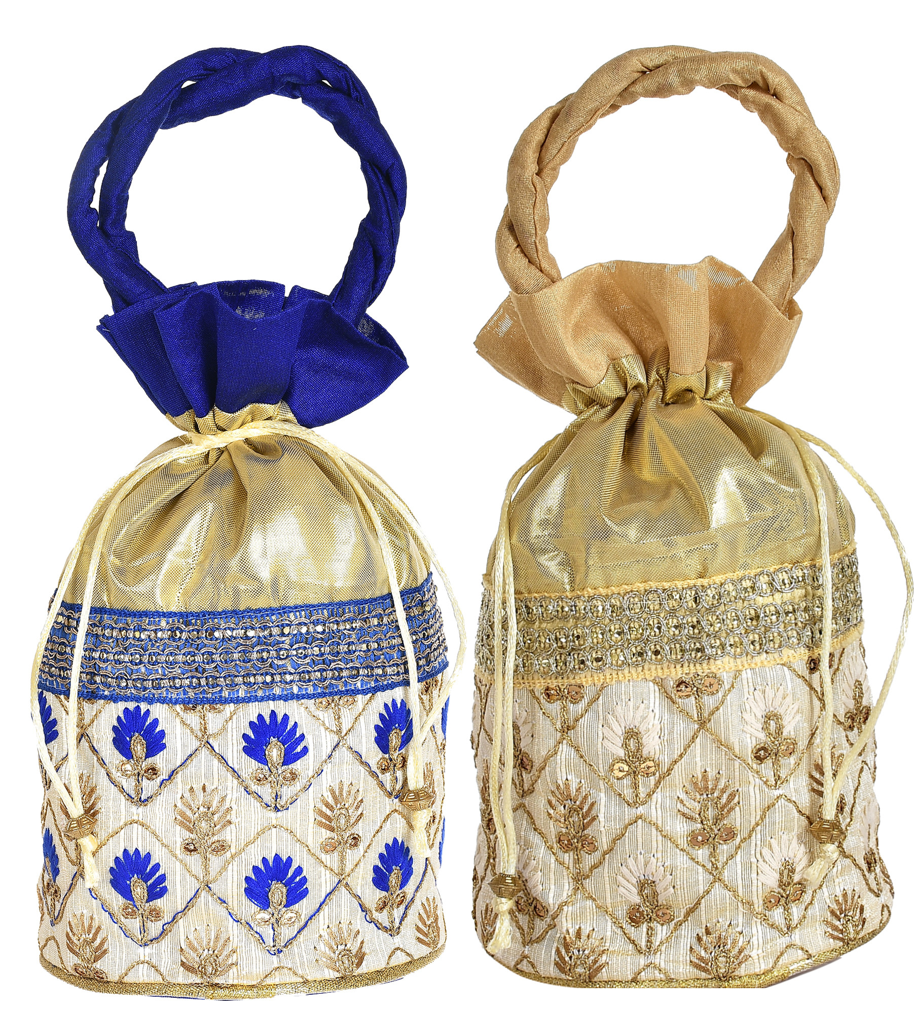 Kuber Industries Embroidered Design Drawstring Potli Bag Party Wedding Favor Gift Jewelry Bags-(Blue & Gold)