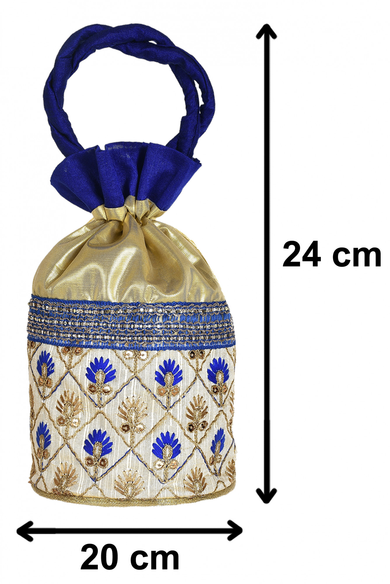 Kuber Industries Embroidered Design Drawstring Potli Bag Party Wedding Favor Gift Jewelry Bags-(Blue & Gold)