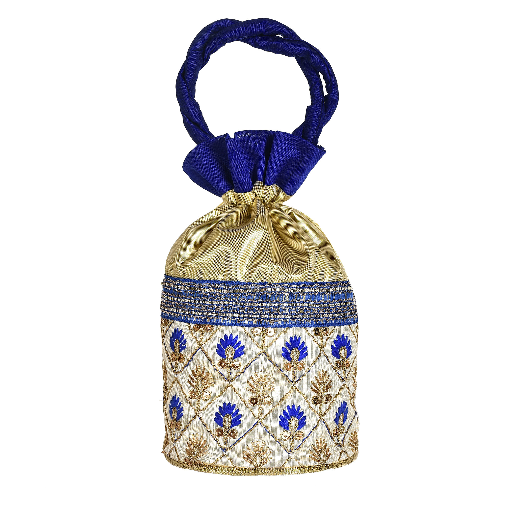 Kuber Industries Embroidered Design Drawstring Potli Bag Party Wedding Favor Gift Jewelry Bags-(Blue & Gold)