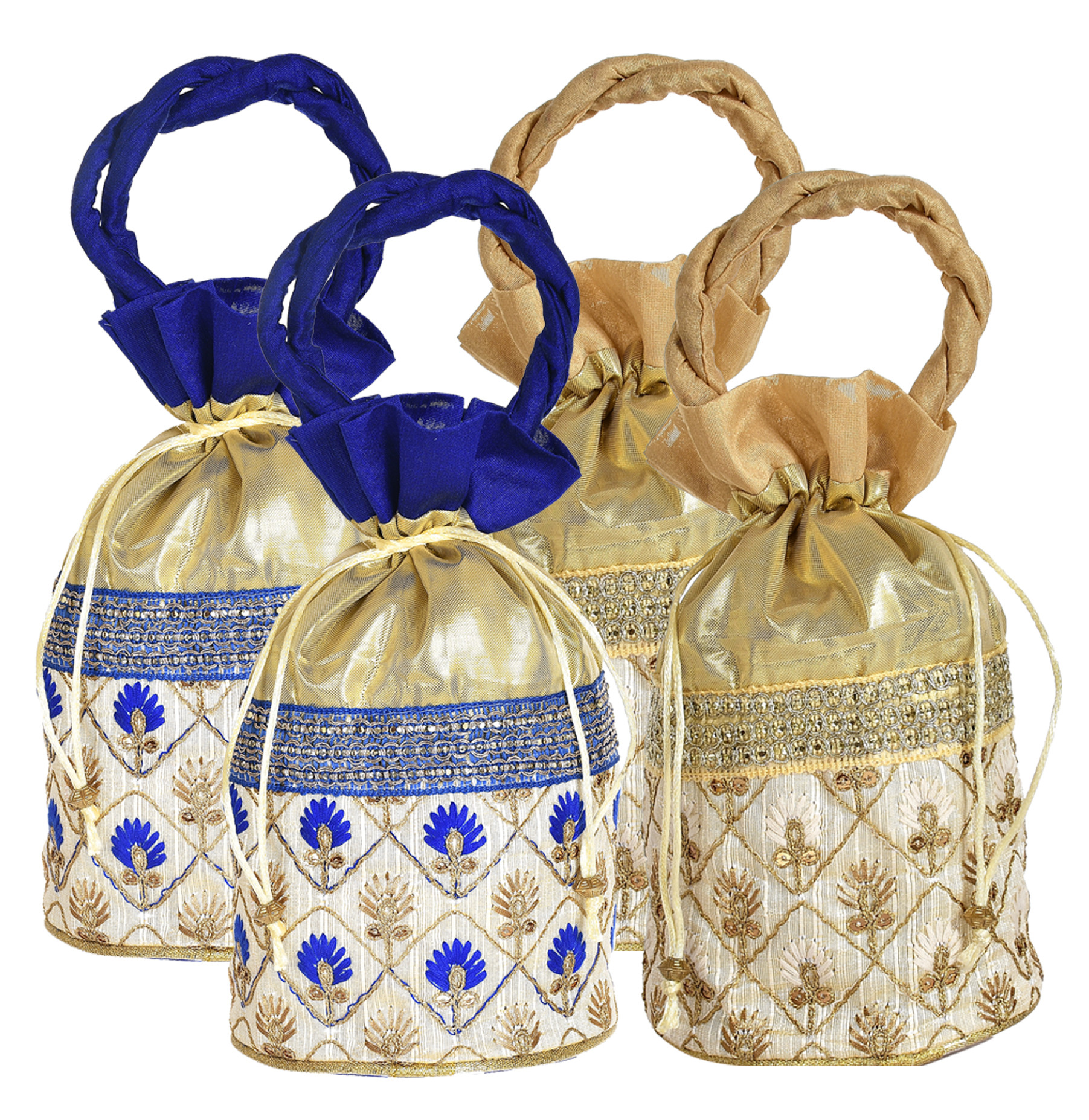 Kuber Industries Embroidered Design Drawstring Potli Bag Party Wedding Favor Gift Jewelry Bags-(Blue & Gold)