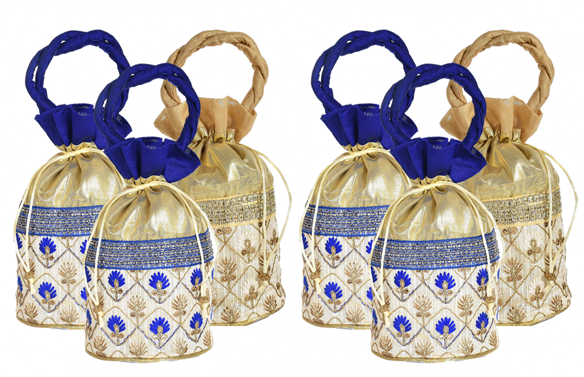 Kuber Industries Embroidered Design Drawstring Potli Bag Party Wedding Favor Gift Jewelry Bags-(Blue & Gold)