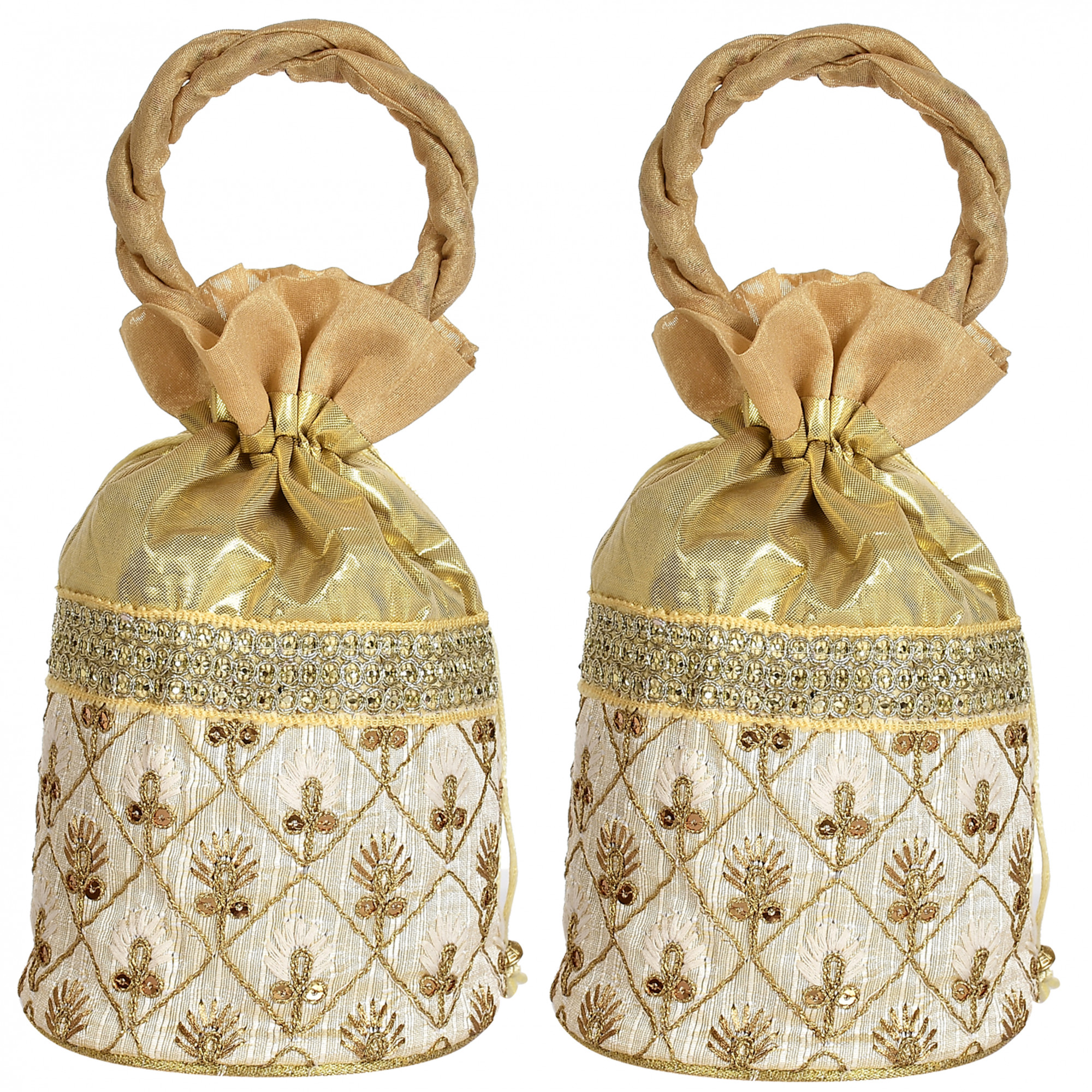 Kuber Industries Embroidered Design Drawstring Potli Bag Party Wedding Favor Gift Jewelry Bags-(Gold)