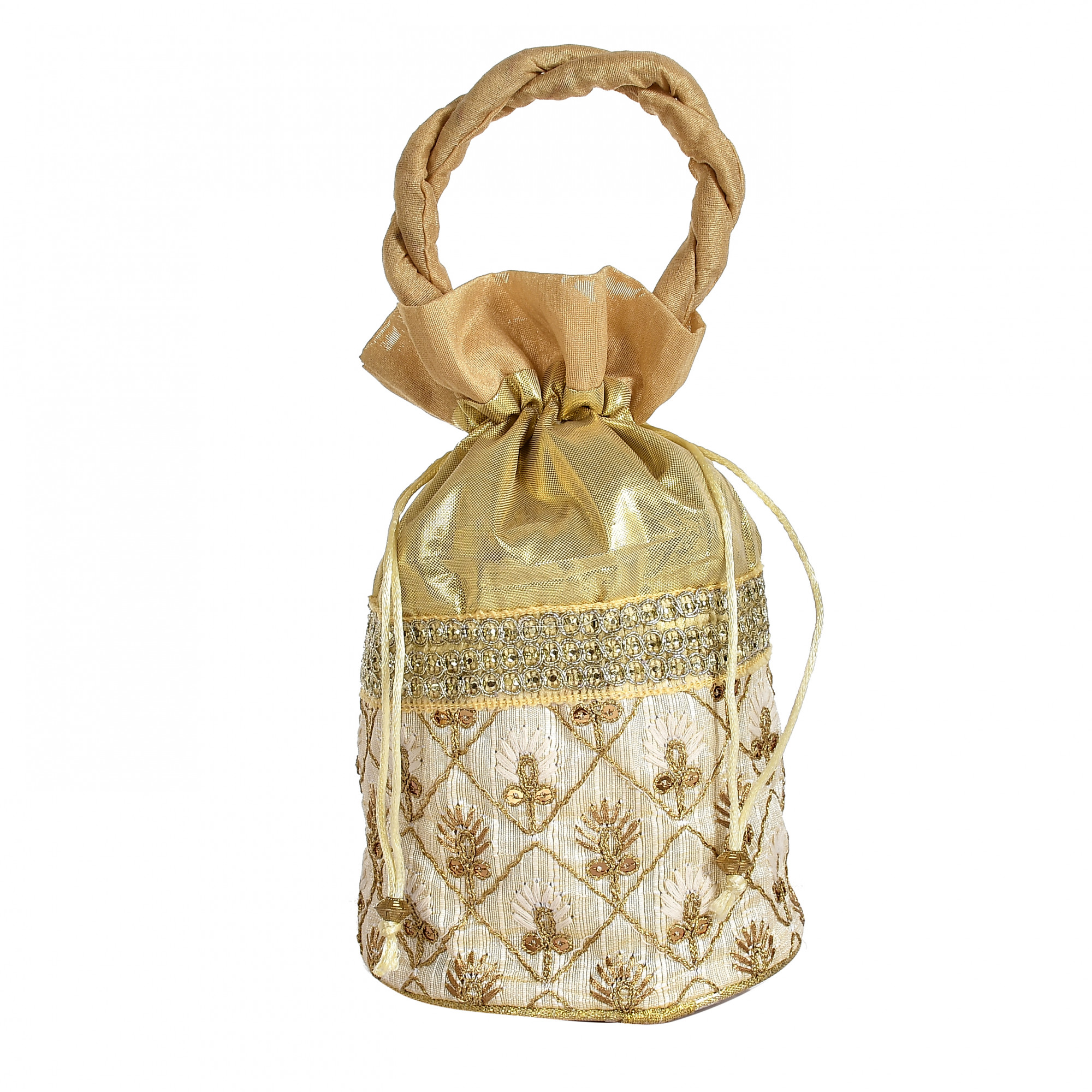 Kuber Industries Embroidered Design Drawstring Potli Bag Party Wedding Favor Gift Jewelry Bags-(Gold)