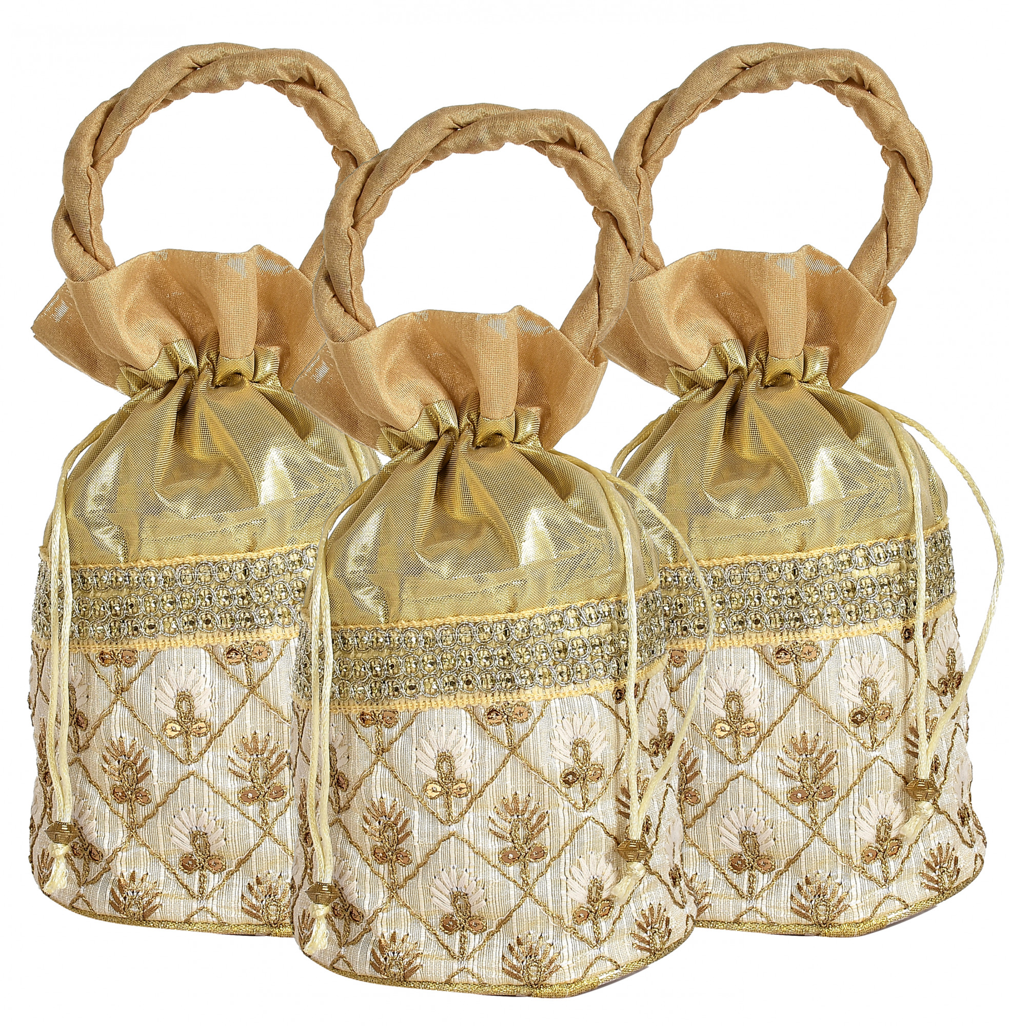 Kuber Industries Embroidered Design Drawstring Potli Bag Party Wedding Favor Gift Jewelry Bags-(Gold)