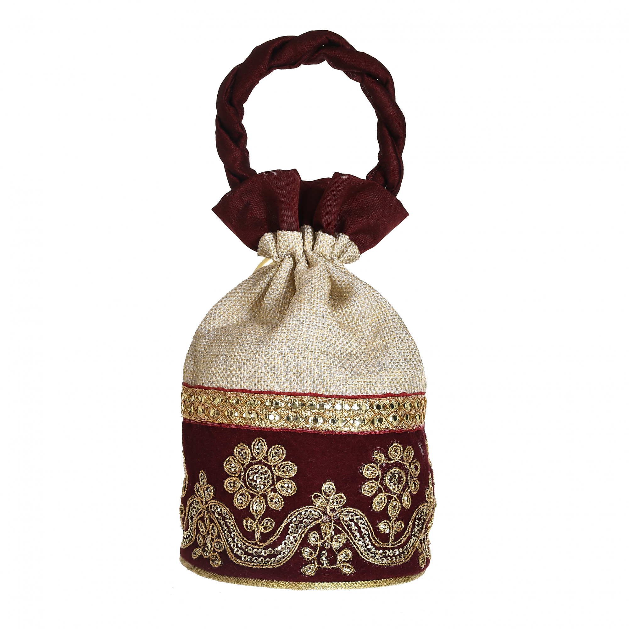 Kuber Industries Embroidered Design Drawstring Potli Bag Party Wedding Favor Gift Jewelry Bags-(Maroon)