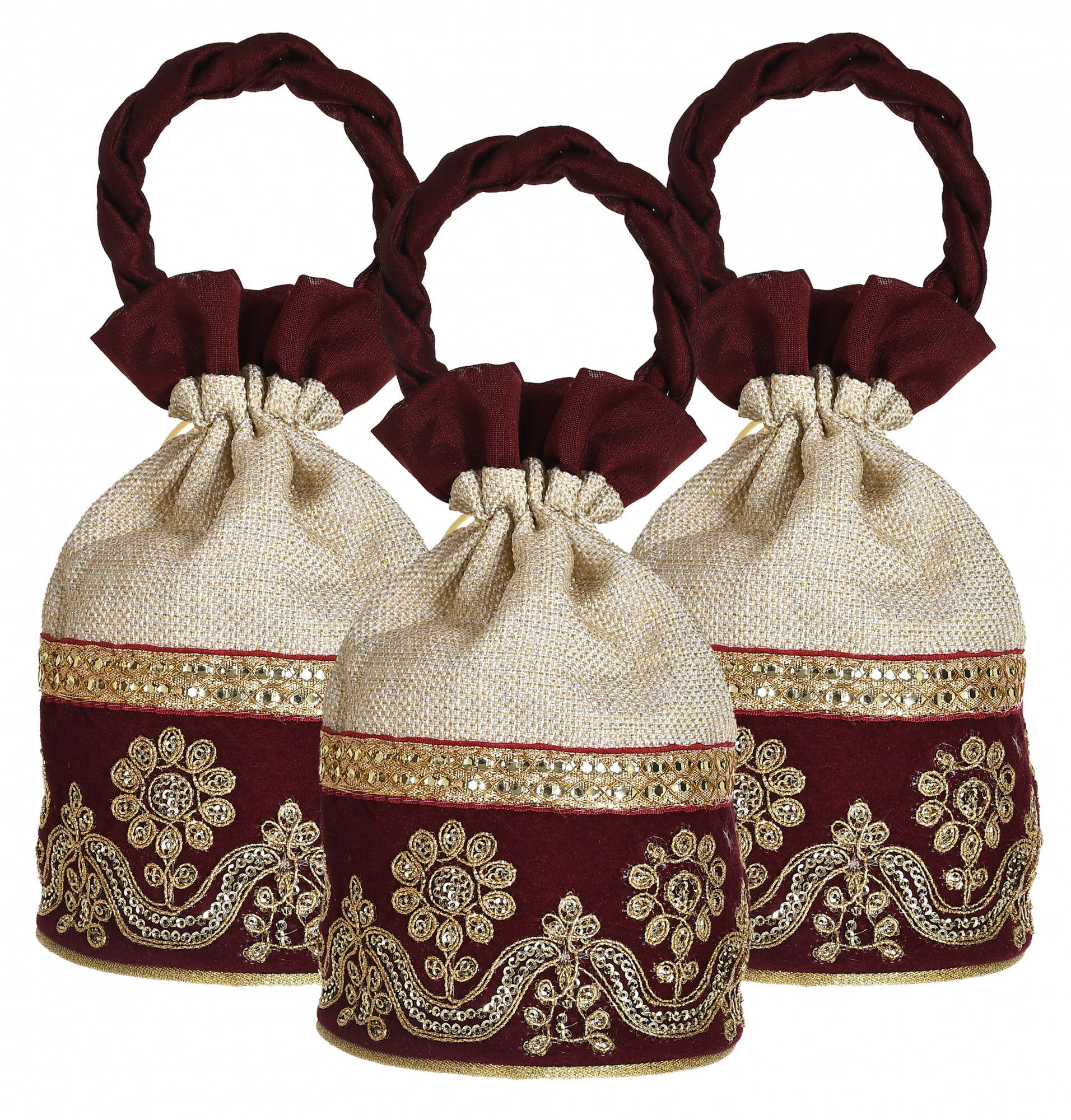 Kuber Industries Embroidered Design Drawstring Potli Bag Party Wedding Favor Gift Jewelry Bags-(Maroon)