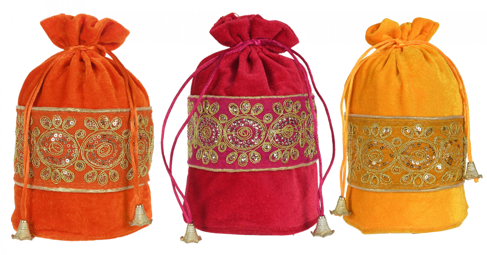 Kuber Industries Embroidered Design Drawstring Potli Bag Party Wedding Favor Gift Jewelry Bags-(Orange & Pink & Yellow)
