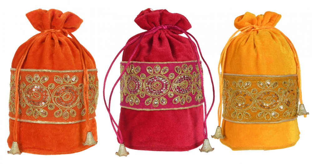 Kuber Industries Embroidered Design Drawstring Potli Bag Party Wedding Favor Gift Jewelry Bags-(Orange &amp; Pink &amp; Yellow)