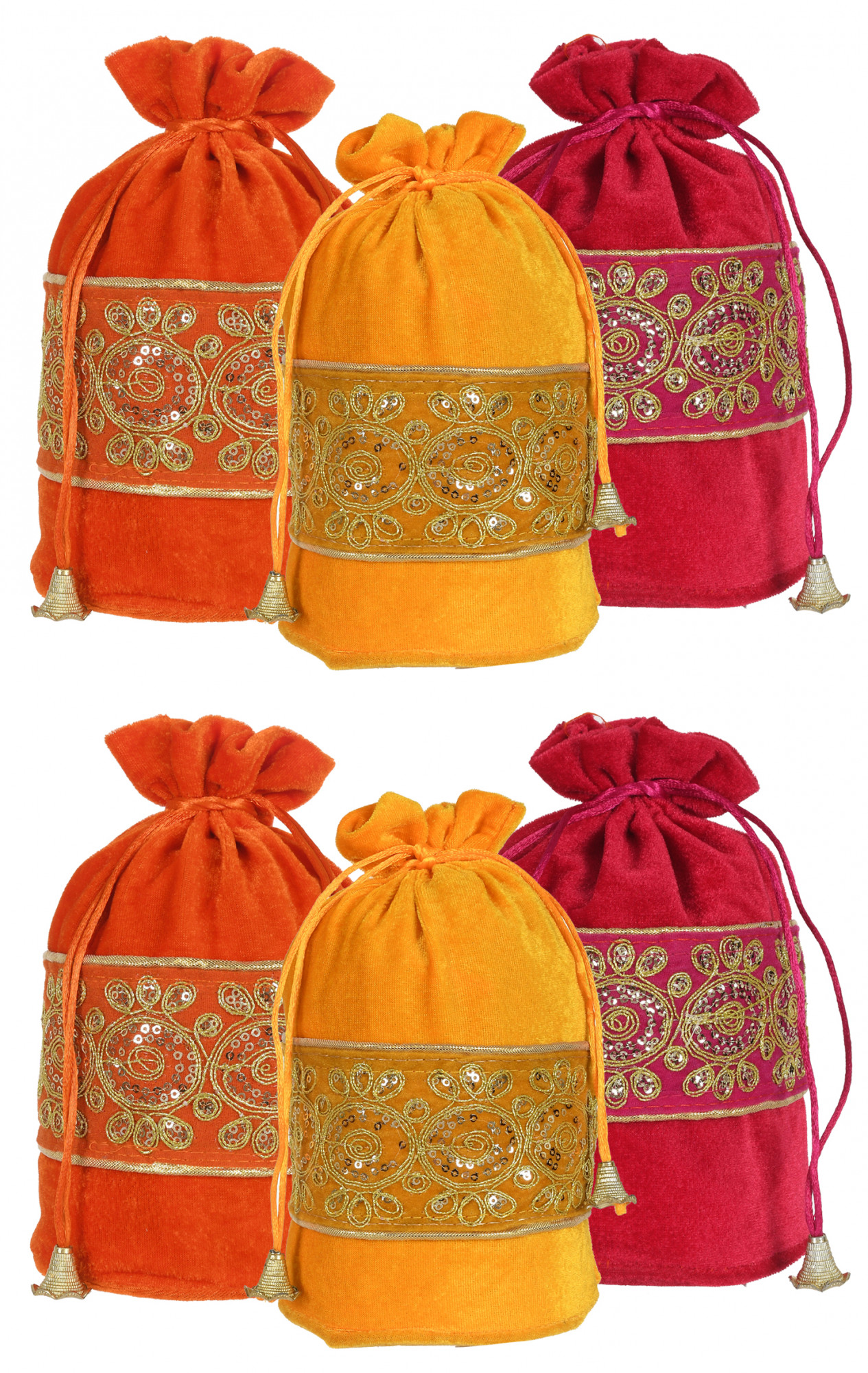Kuber Industries Embroidered Design Drawstring Potli Bag Party Wedding Favor Gift Jewelry Bags-(Orange & Pink & Yellow)