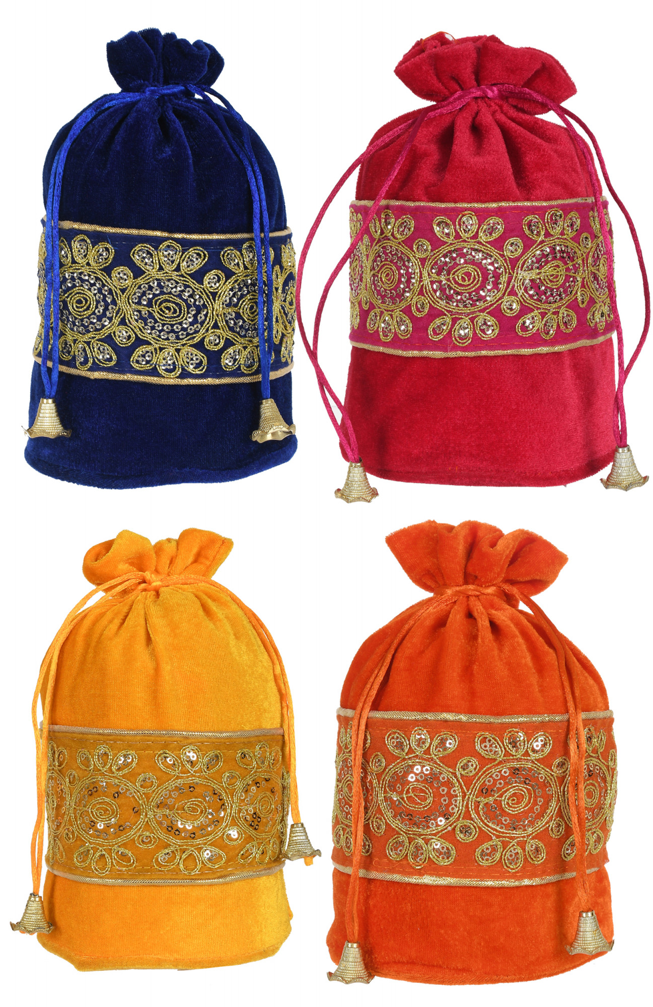 Kuber Industries Embroidered Design Drawstring Potli Bag Party Wedding Favor Gift Jewelry Bags-Pack of 4 (Blue & Pink & Yellow & Orange)