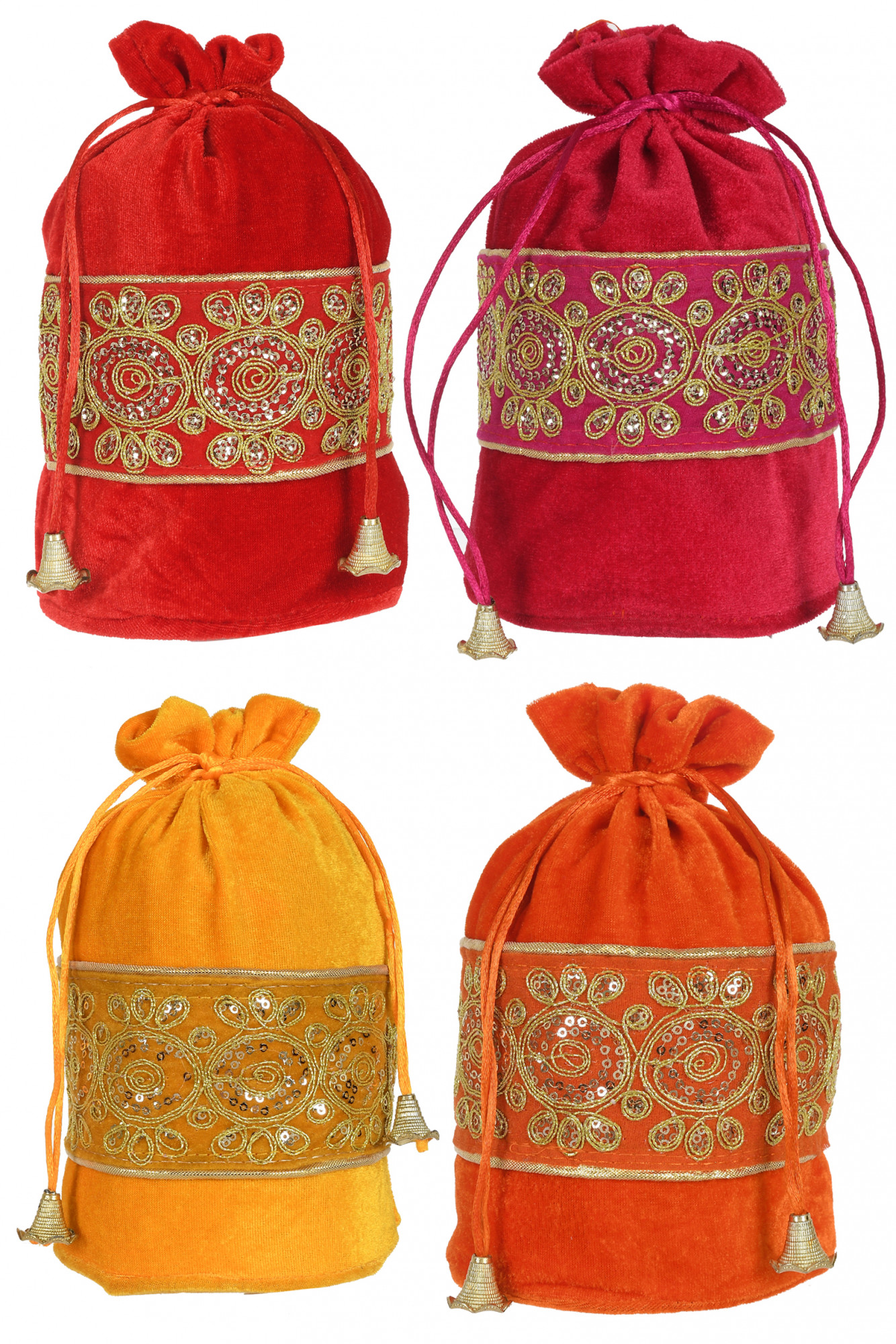 Kuber Industries Embroidered Design Drawstring Potli Bag Party Wedding Favor Gift Jewelry Bags-Pack of 4 (Red & Pink & Yellow & Orange)