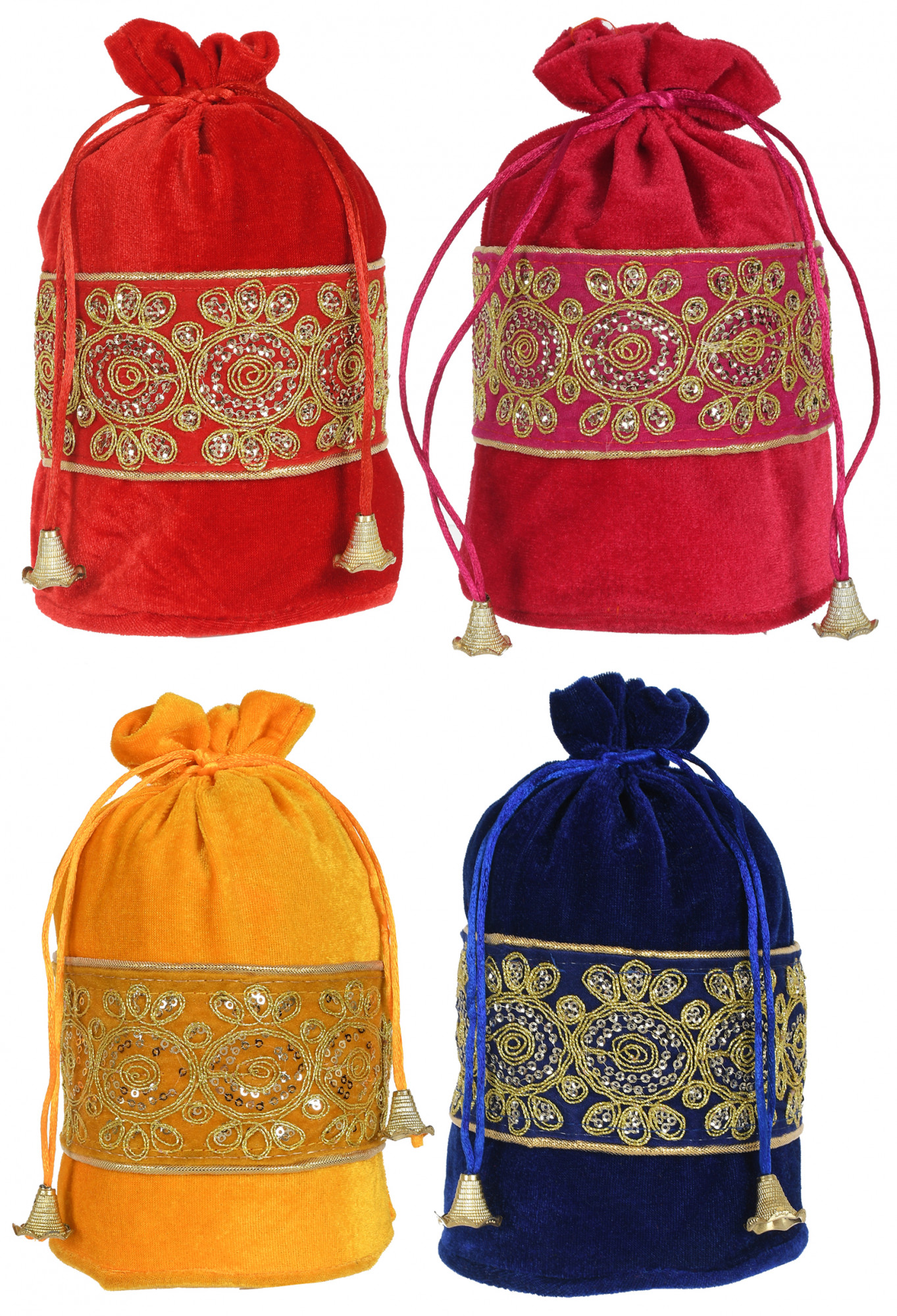 Kuber Industries Embroidered Design Drawstring Potli Bag Party Wedding Favor Gift Jewelry Bags-Pack of 4 (Red & Pink & Yellow & Blue)
