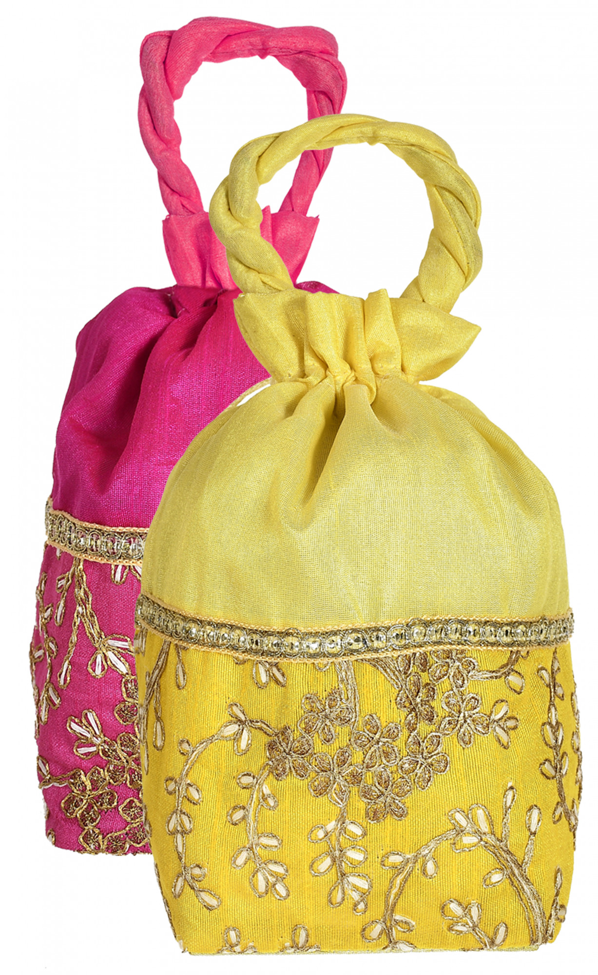 Kuber Industries Embroidered Design Drawstring Potli Bag Party Wedding Favor Gift Jewelry Bags-(Pink & Yellow)
