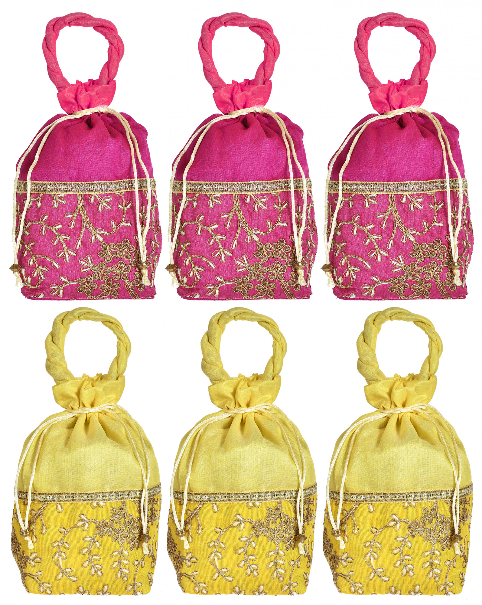 Kuber Industries Embroidered Design Drawstring Potli Bag Party Wedding Favor Gift Jewelry Bags-(Pink & Yellow)