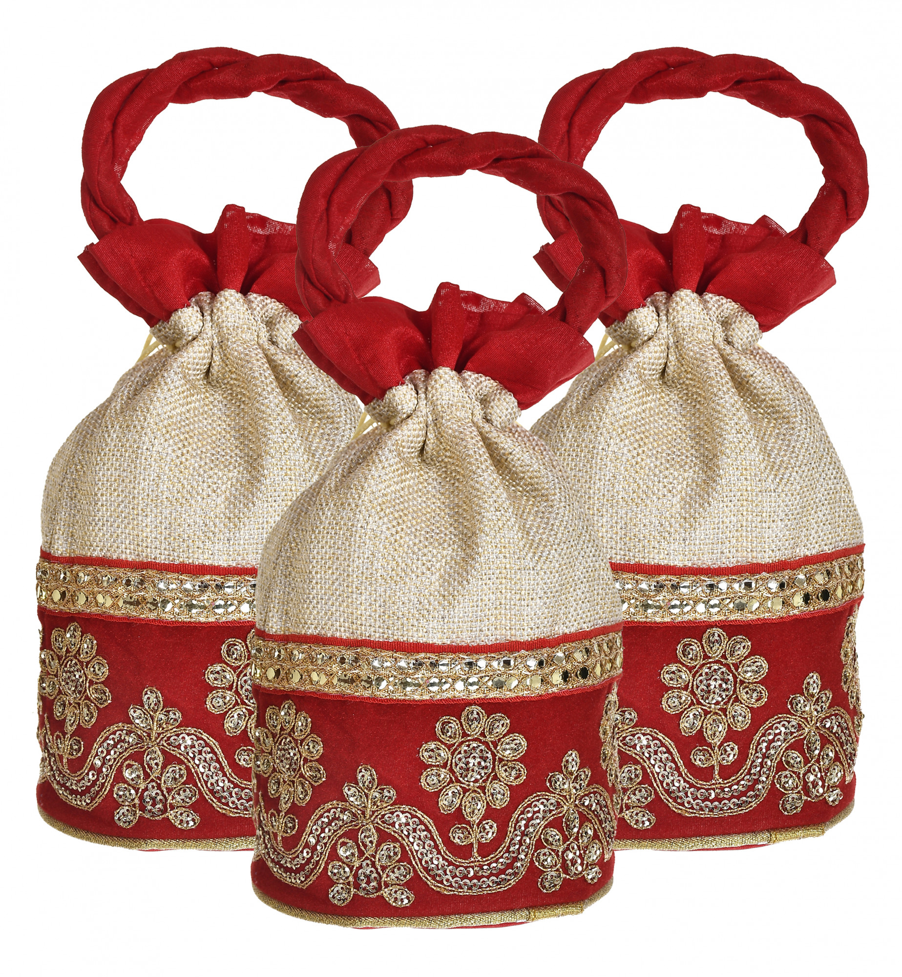 Kuber Industries Embroidered Design Drawstring Potli Bag Party Wedding Favor Gift Jewelry Bags-(Red)