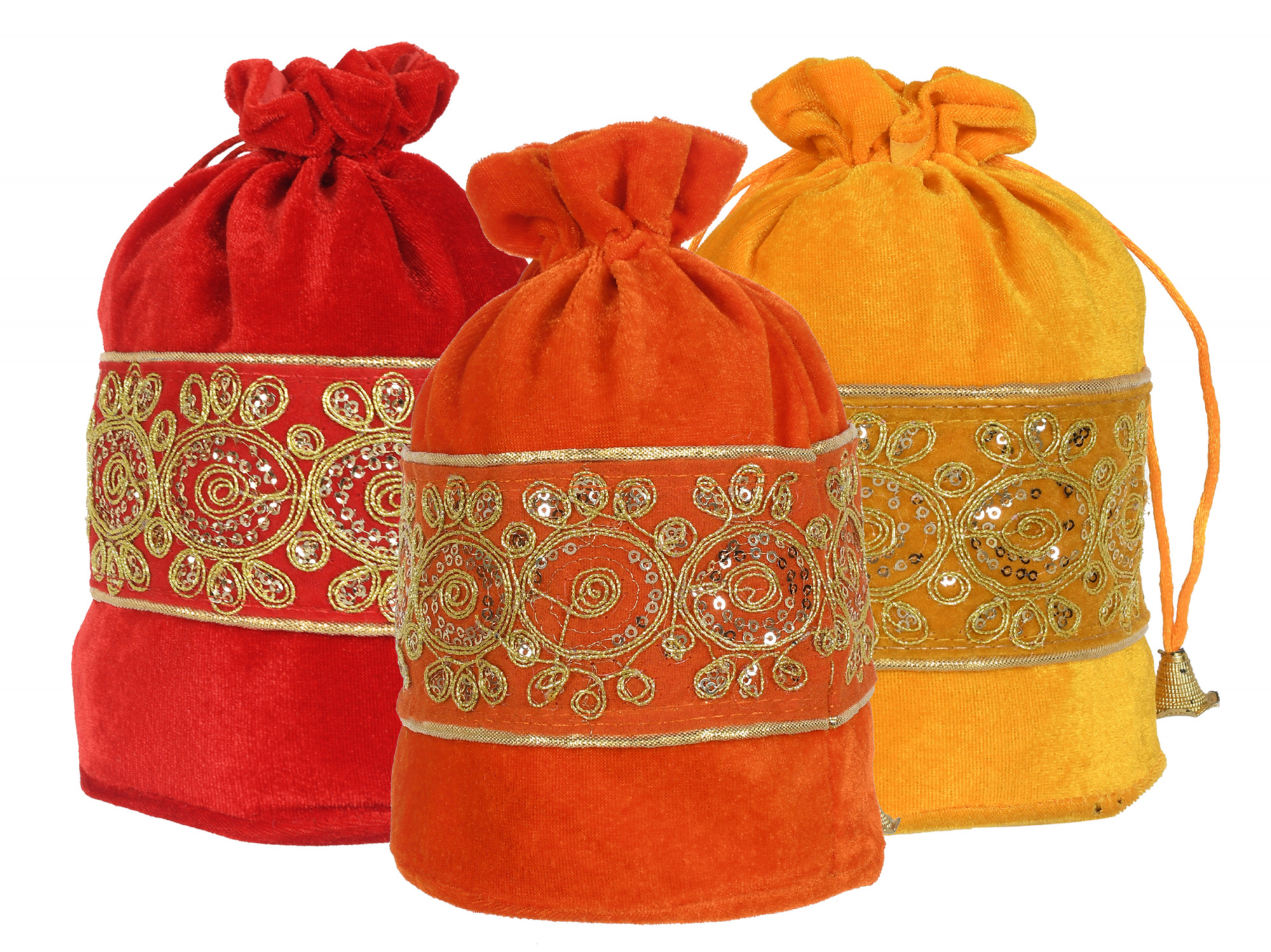 Kuber Industries Embroidered Design Drawstring Potli Bag Party Wedding Favor Gift Jewelry Bags-(Red & Yellow & Orange)