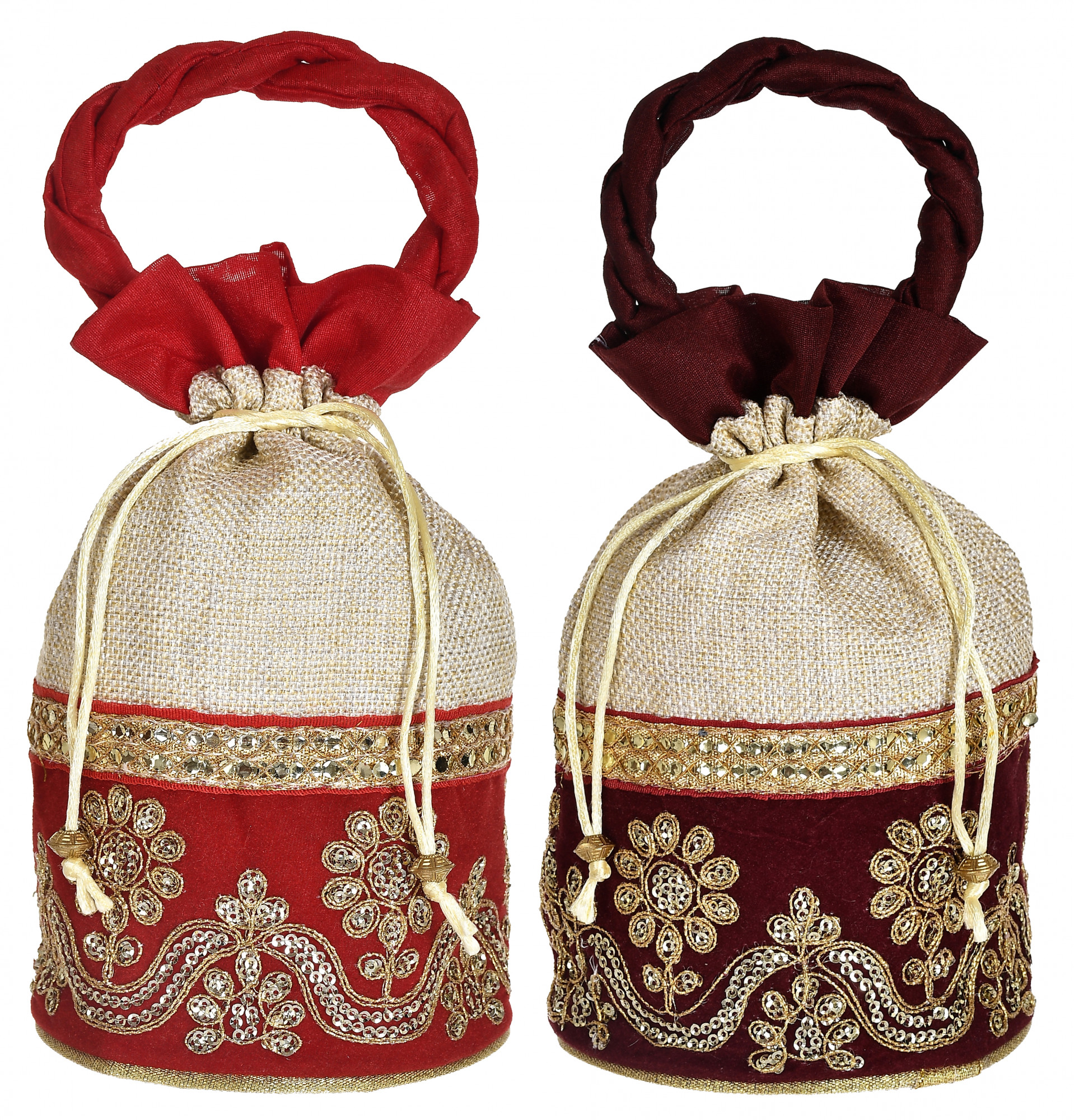 Kuber Industries Embroidered Design Drawstring Potli Bag Party Wedding Favor Gift Jewelry Bags-(Red & Maroon)