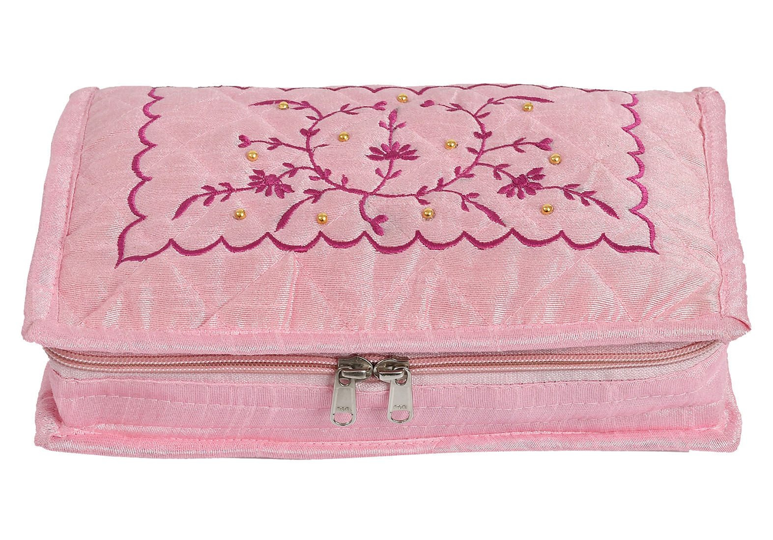 Kuber Industries Embroidery Design Portable Jewellery Organizer With 6 Tranasparent Pockets For Keeps Your Jewellery,Earrings, Pendants Organized And Secure (Pink)