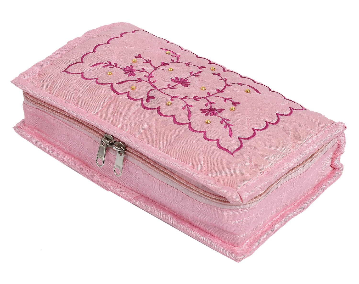 Kuber Industries Embroidery Design Portable Jewellery Organizer With 6 Tranasparent Pockets For Keeps Your Jewellery,Earrings, Pendants Organized And Secure (Pink)