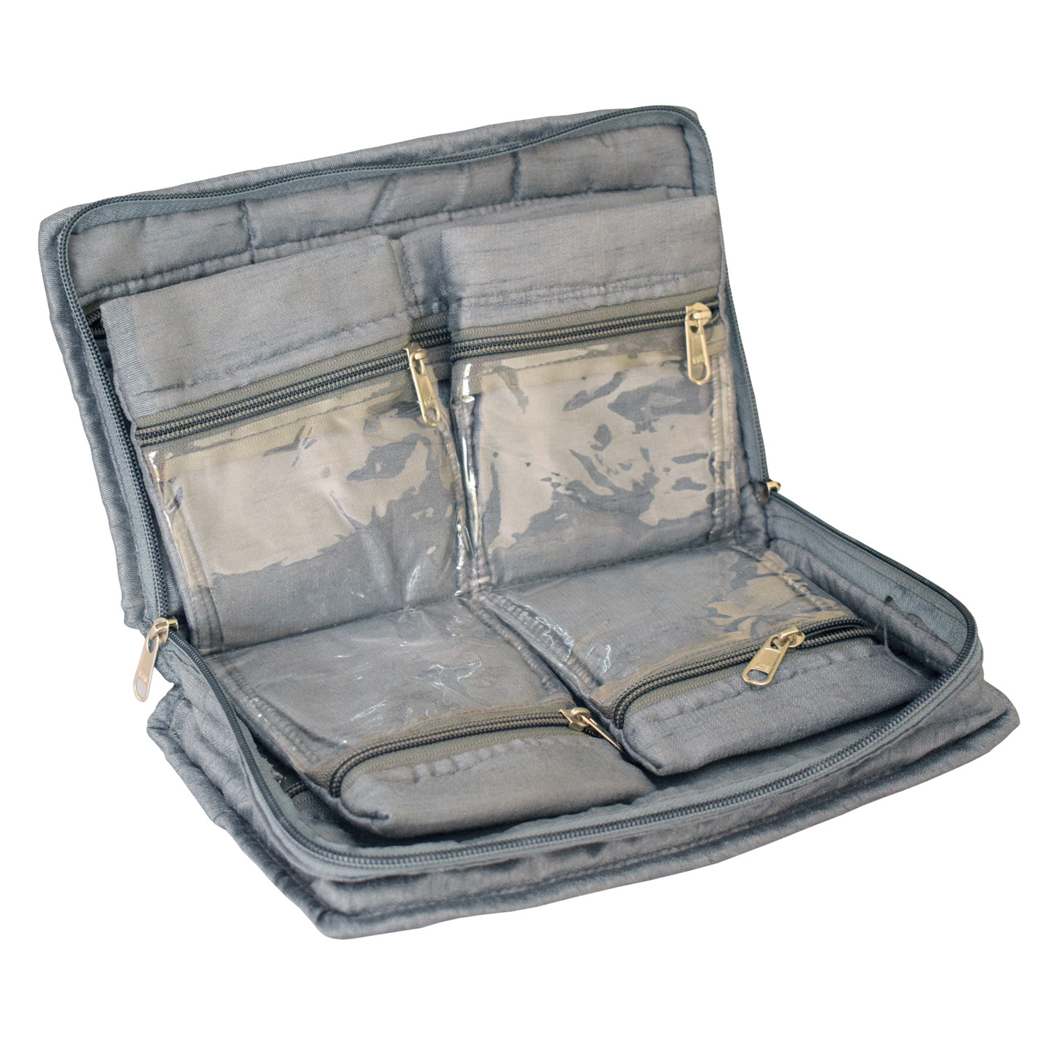 Kuber Industries Embroidery Design Portable Jewellery Organizer With 6 Tranasparent Pockets For Keeps Your Jewellery,Earrings, Pendants Organized And Secure (Grey)