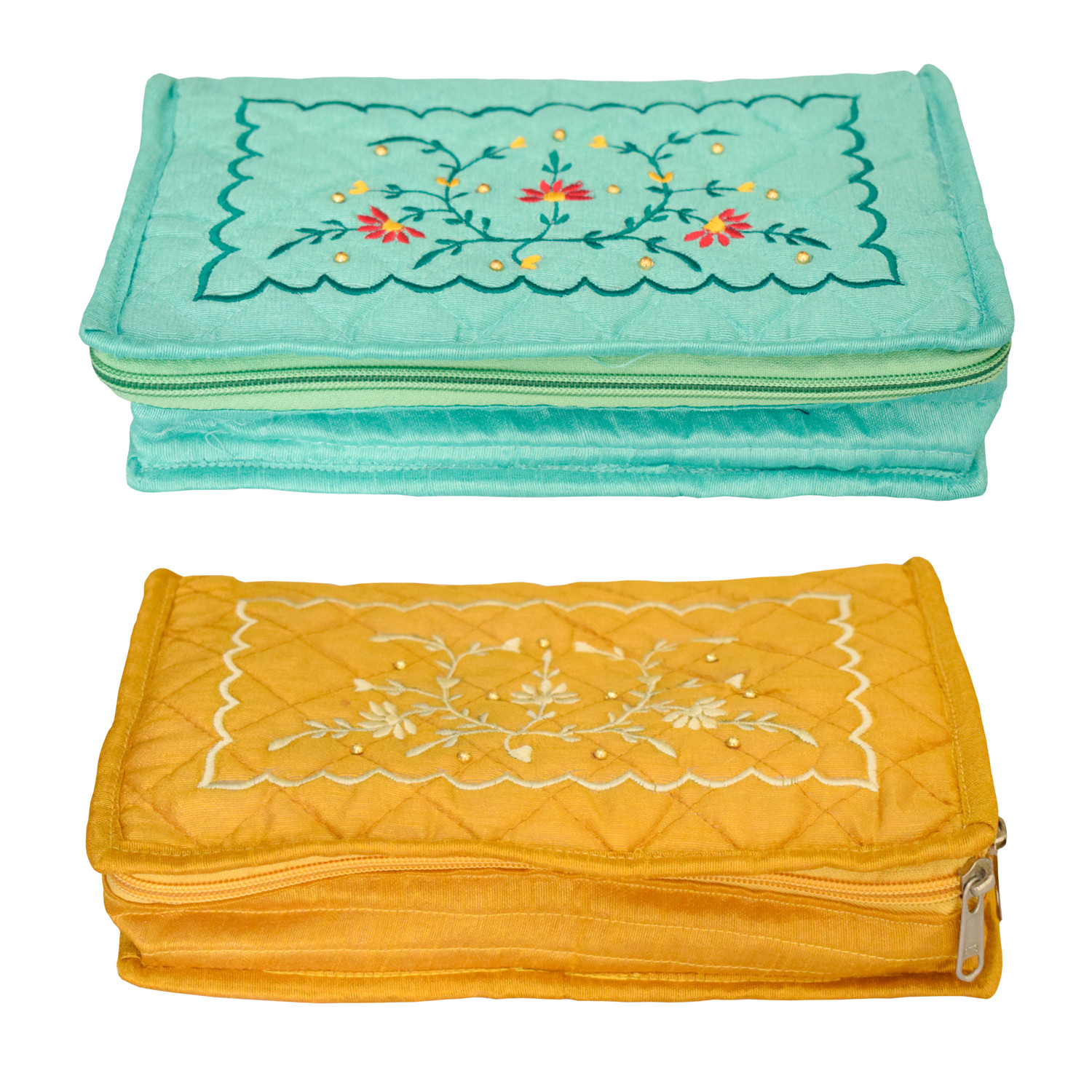 Kuber Industries Embroidery Design Portable Jewellery Organizer With 6 Tranasparent Pockets For Keeps Your Jewellery,Earrings, Pendants Organized And Secure- Pack of 2 (Yellow & Green)