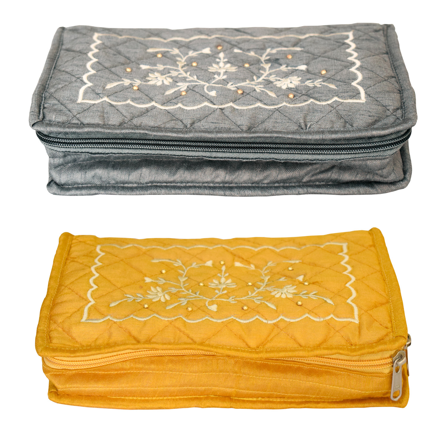 Kuber Industries Embroidery Design Portable Jewellery Organizer With 6 Tranasparent Pockets For Keeps Your Jewellery,Earrings, Pendants Organized And Secure- Pack of 2 (Yellow & Grey)