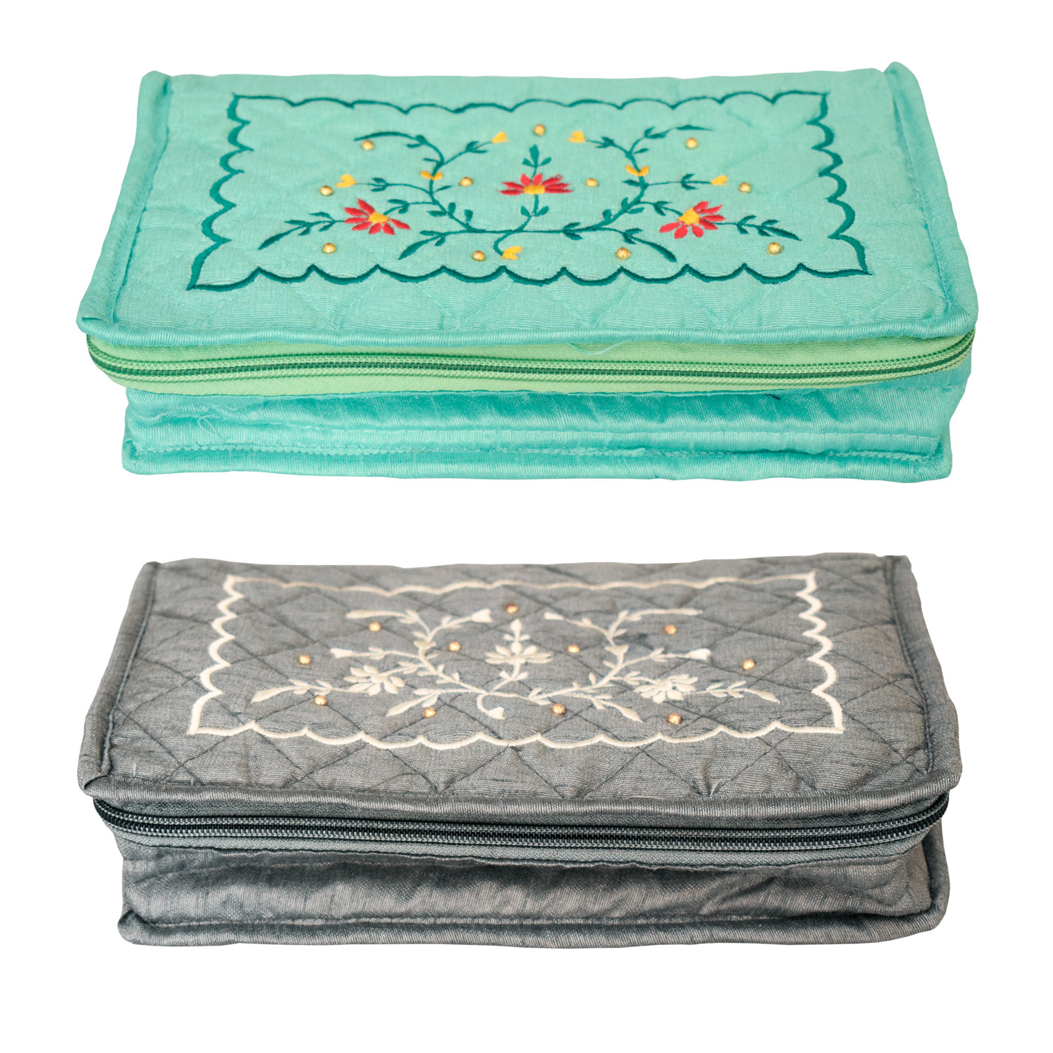 Kuber Industries Embroidery Design Portable Jewellery Organizer With 6 Tranasparent Pockets For Keeps Your Jewellery,Earrings, Pendants Organized And Secure- Pack of 2 (Green & Grey)