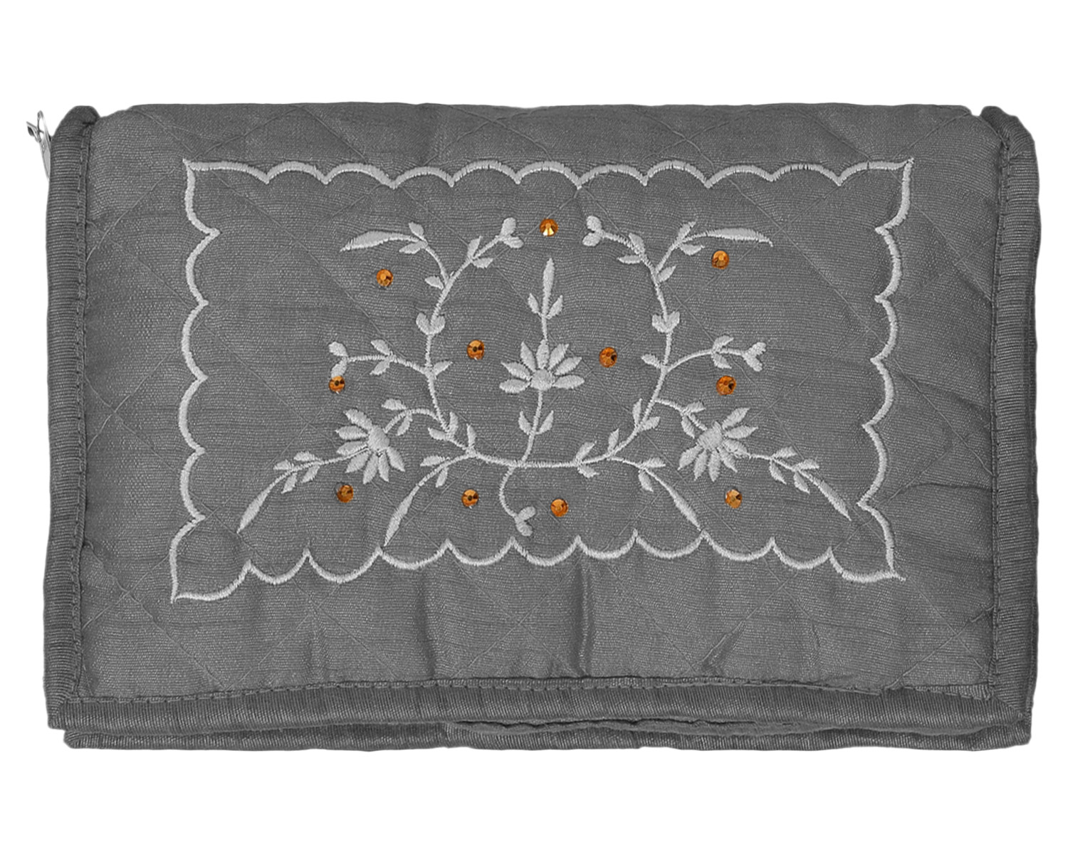 Kuber Industries Embroidery Design Satin Jewellery Organizer For Small Jewellery With 4 Pouches (Grey) 54KM4068