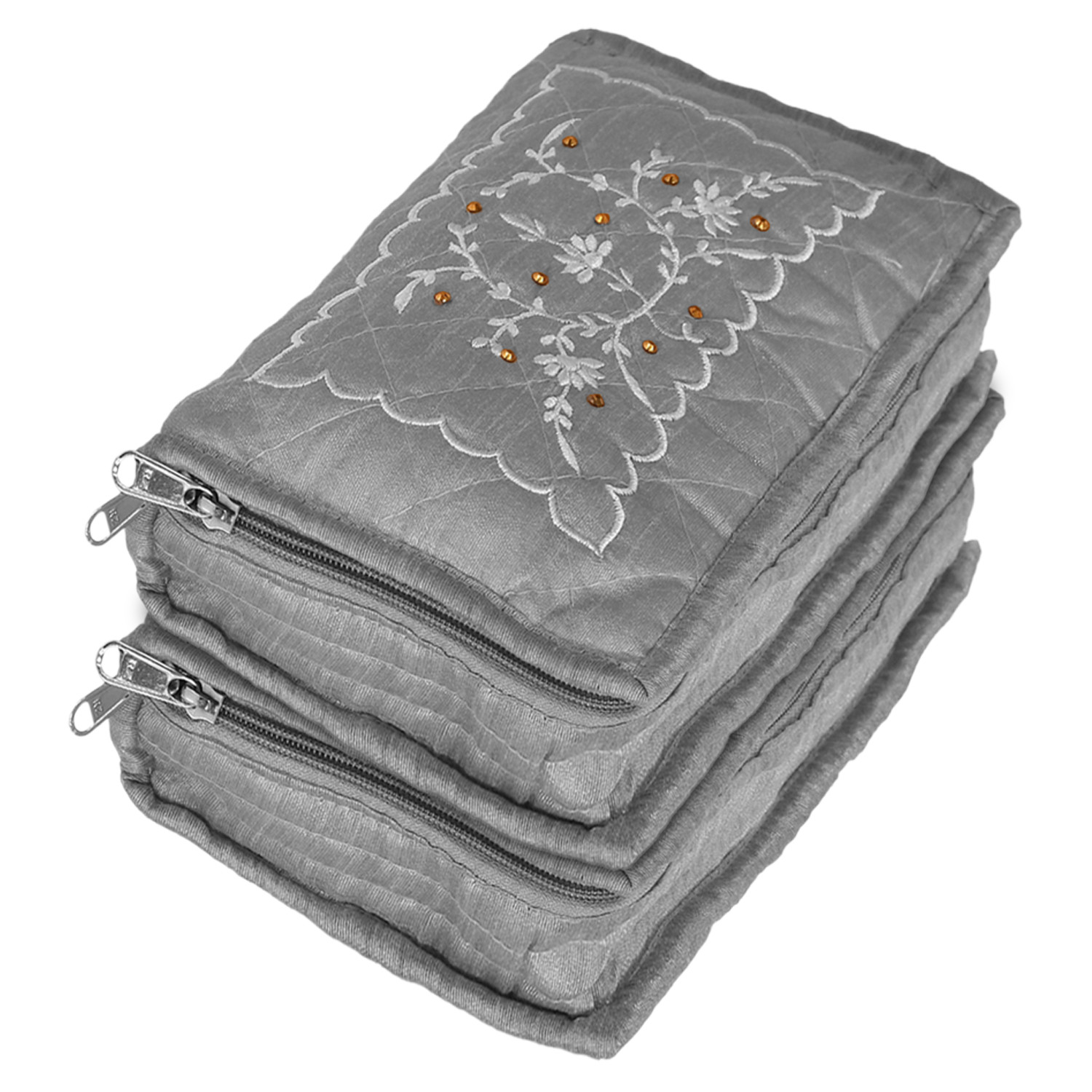 Kuber Industries Embroidery Design Satin Jewellery Organizer For Small Jewellery With 4 Pouches (Grey) 54KM4068