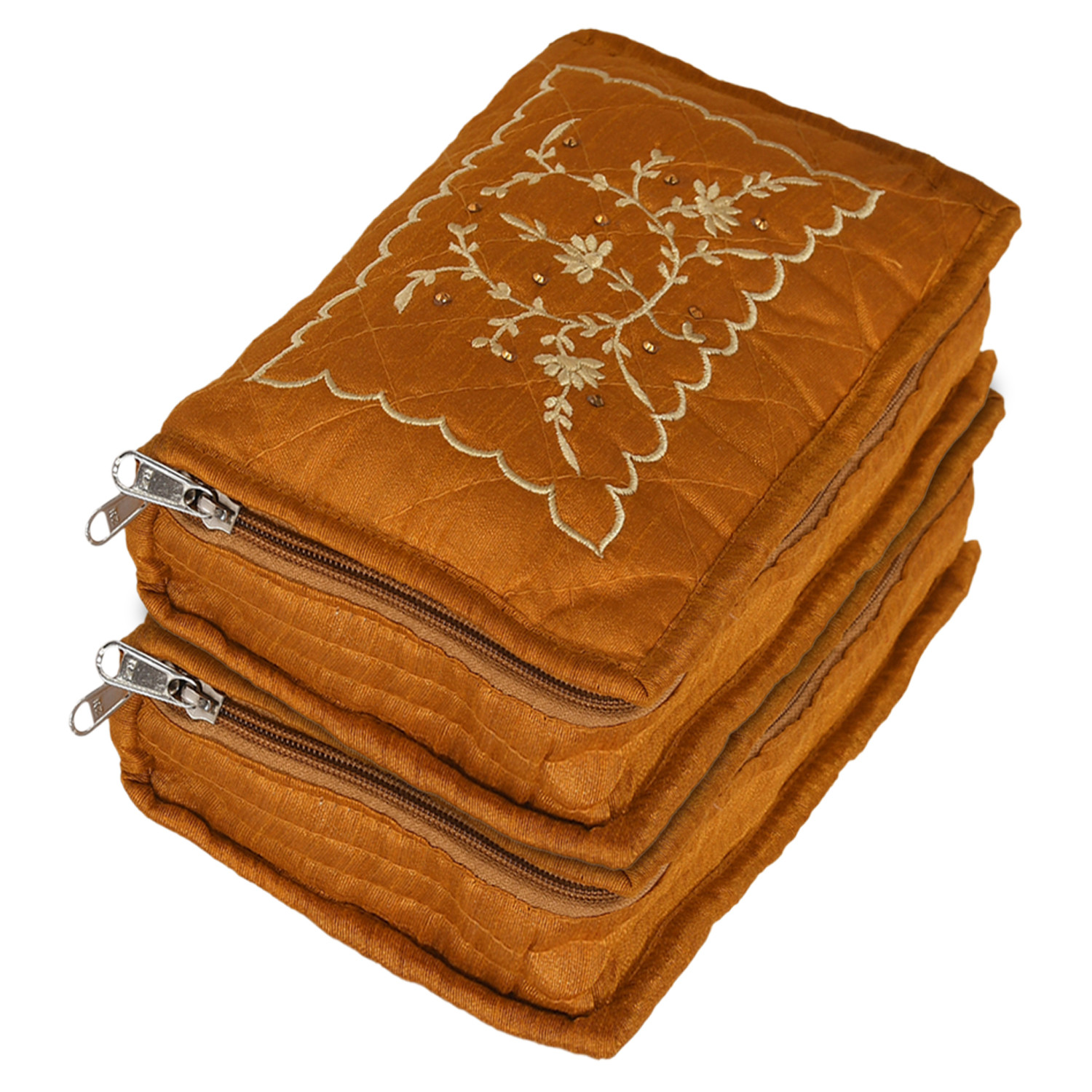 Kuber Industries Embroidery Design Satin Jewellery Organizer For Small Jewellery With 4 Pouches (Mustard) 54KM4066