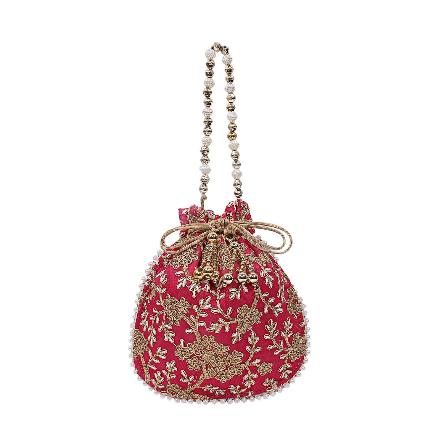Kuber Industries Embroidery Drawstring Potli|Hand Purse With Gold Pearl Border & Handle For Woman,Girls (Red)