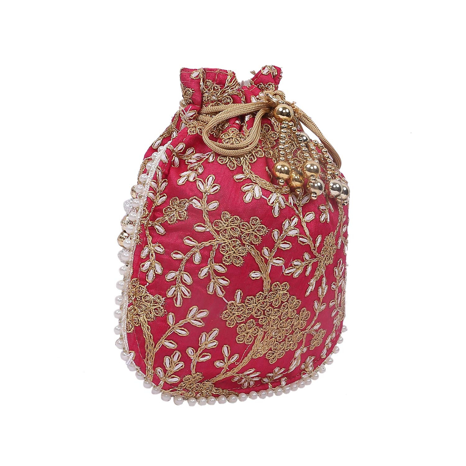 Kuber Industries Embroidery Drawstring Potli|Hand Purse With Gold Pearl Border & Handle For Woman,Girls (Red)
