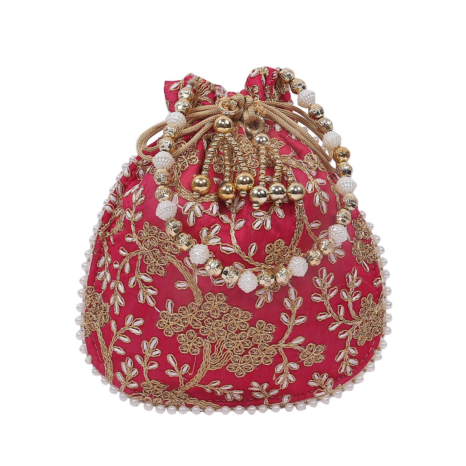 Kuber Industries Embroidery Drawstring Potli|Hand Purse With Gold Pearl Border & Handle For Woman,Girls Pack of 2 (Red & Maroon)