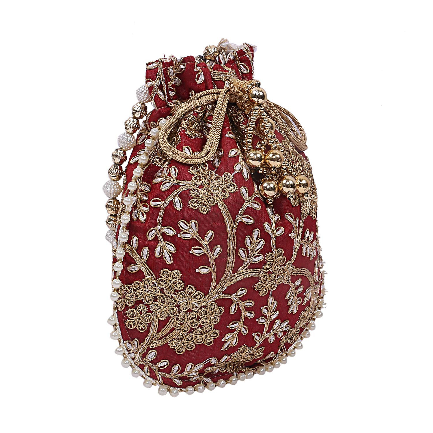 Kuber Industries Embroidery Drawstring Potli|Hand Purse With Gold Pearl Border & Handle For Woman,Girls Pack of 2 (Red & Maroon)