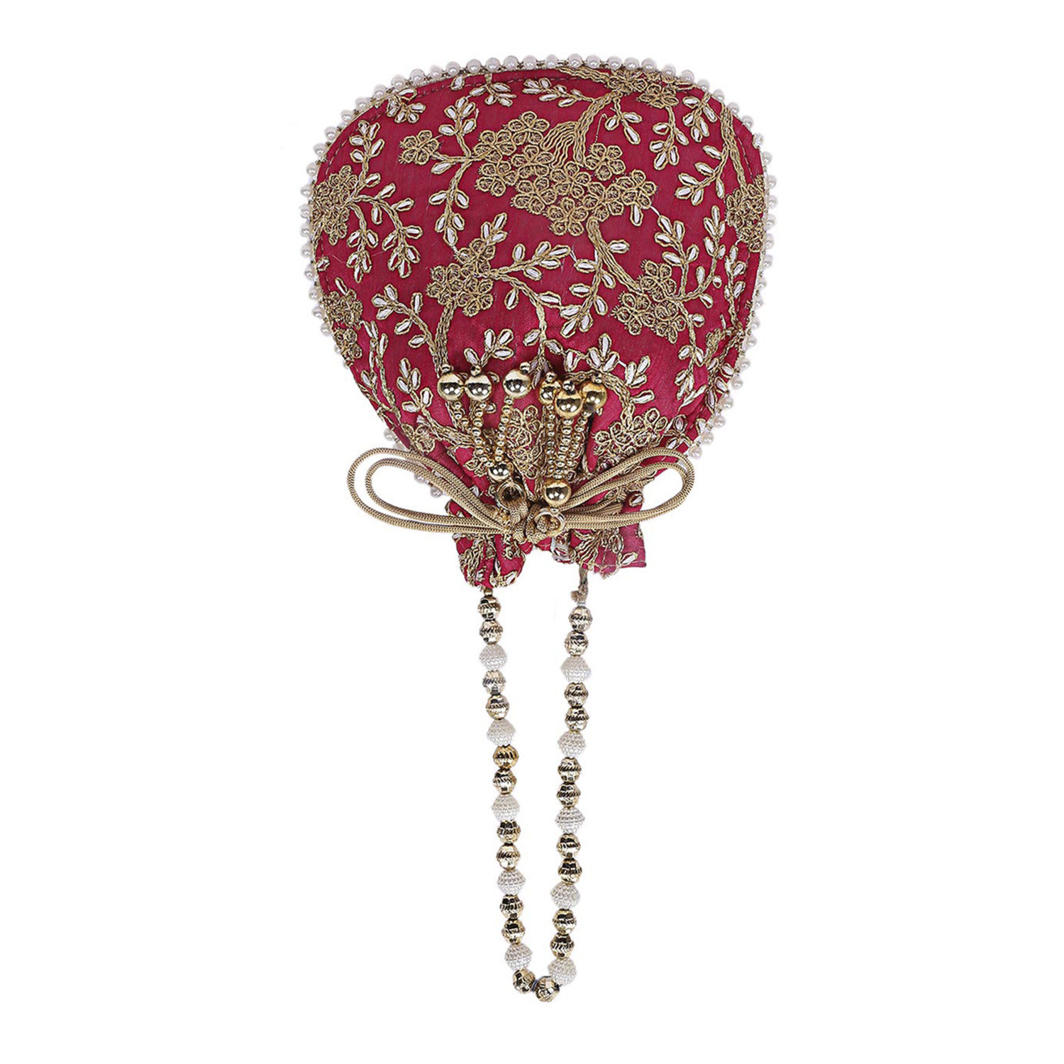 Kuber Industries Embroidery Drawstring Potli|Hand Purse With Gold Pearl Border & Handle For Woman,Girls Pack of 2 (Red & Maroon)