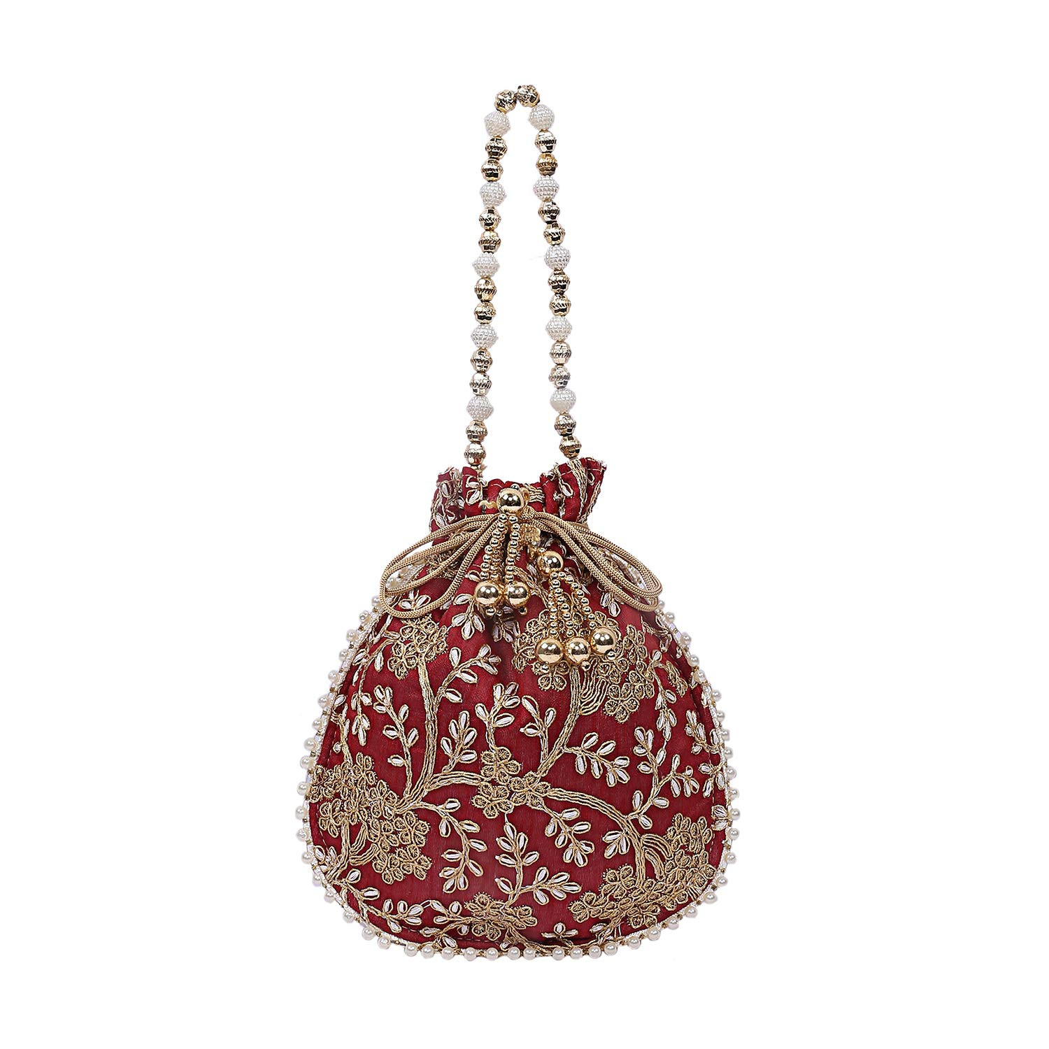 Kuber Industries Embroidery Drawstring Potli|Hand Purse With Gold Pearl Border & Handle For Woman,Girls (Maroon)