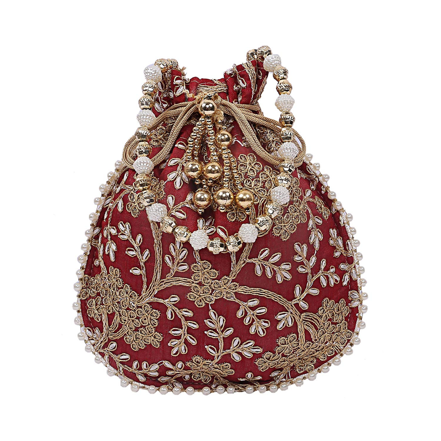 Kuber Industries Embroidery Drawstring Potli|Hand Purse With Gold Pearl Border & Handle For Woman,Girls (Maroon)