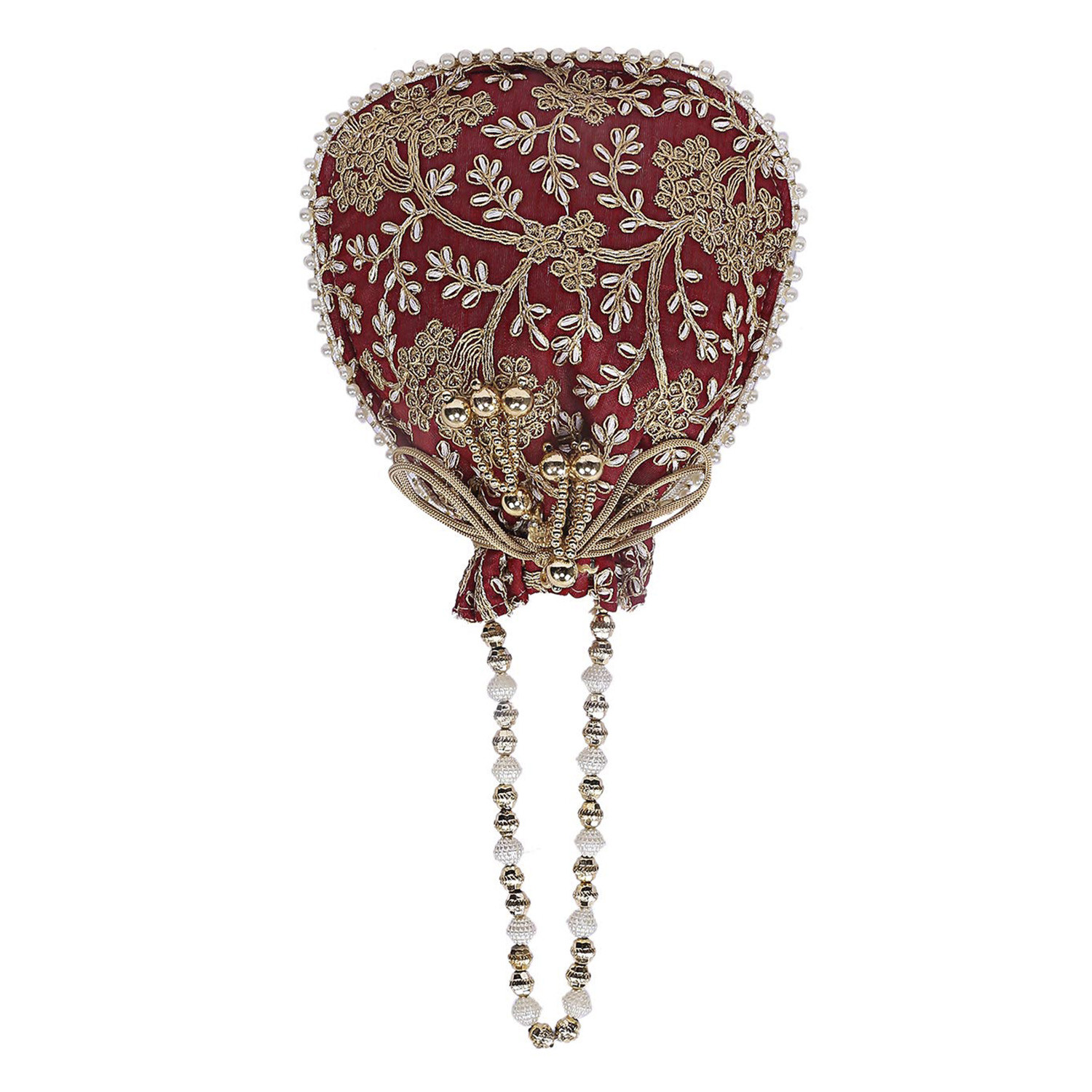 Kuber Industries Embroidery Drawstring Potli|Hand Purse With Gold Pearl Border & Handle For Woman,Girls (Maroon)