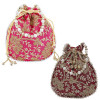 Kuber Industries Embroidery Drawstring Potli|Hand Purse With Gold Pearl Border &amp; Handle For Woman,Girls Pack of 2 (Maroon &amp; Pink)