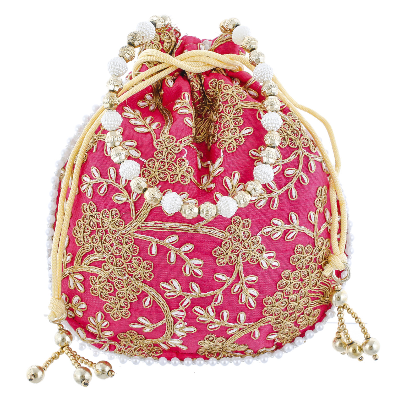 Kuber Industries Embroidery Drawstring Potli|Hand Purse With Gold Pearl Border & Handle For Woman,Girls Pack of 2 (Maroon & Pink)