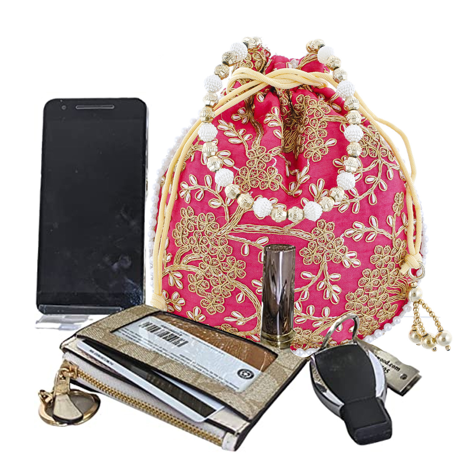 Kuber Industries Embroidery Drawstring Potli|Hand Purse With Gold Pearl Border & Handle For Woman,Girls Pack of 2 (Maroon & Pink)
